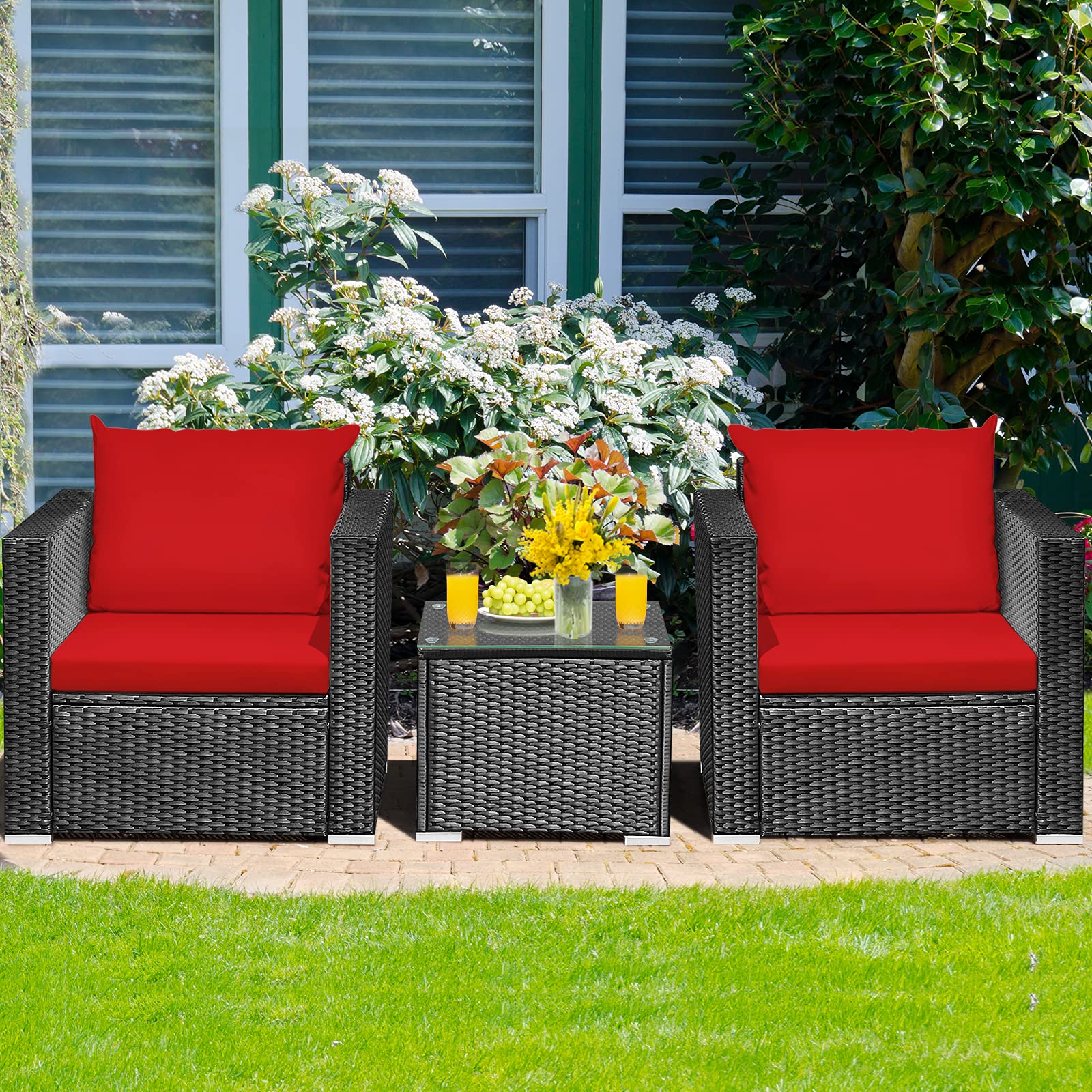 HappyGrill 3-Piece Rattan Wicker Patio Furniture Set with Coffee Table & Cushions - Outdoor Conversation Sofa Set for Garden, Balcony, Porch, Poolside | Perfect for Relaxing, Entertaining & Lounging in Your Backyard