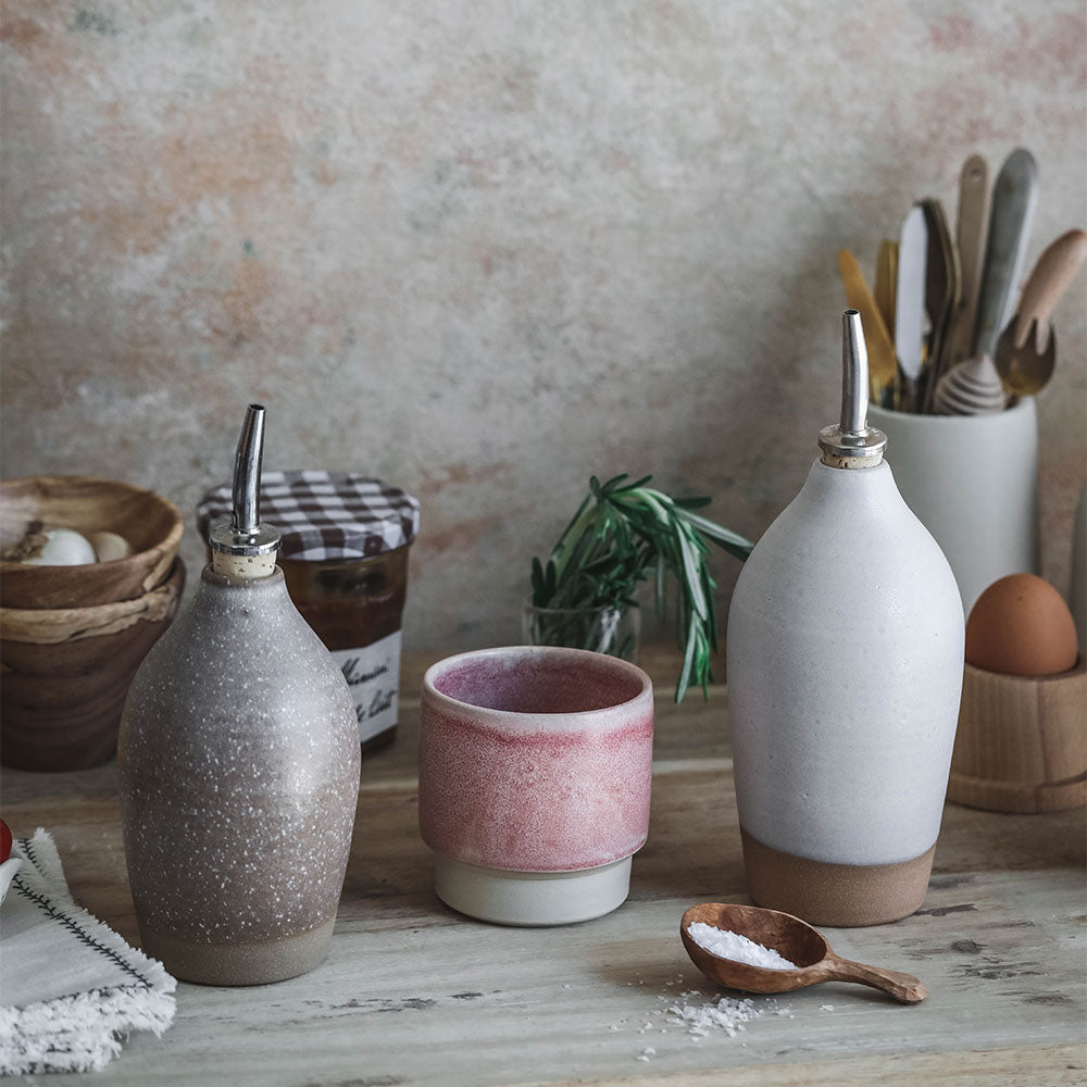 Premium Ceramic Oil Bottle with Drip-Free Spout - Elegant Light Color for Kitchen & Dining - Perfect for Olive Oil, Vinegar & Salad Dressing Dispensers