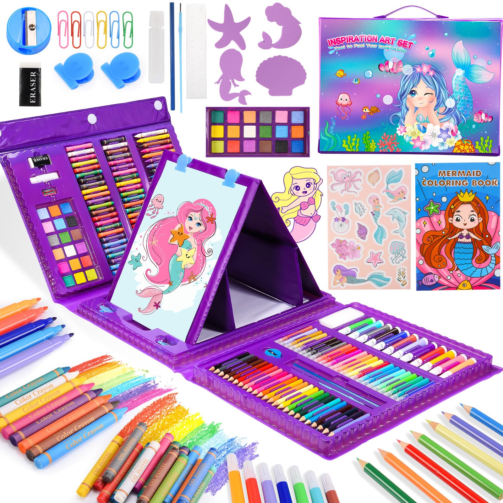 215-Piece Deluxe Art Supplies Set with Double-Sided Trifold Easel - Crayons, Colored Pencils, Oil Pastels, Watercolor Pens & Markers - Complete Kids Drawing Kit for Artists & Beginners - Perfect for Christmas Stocking Stuffers, Birthday Gifts & Classroom Art Projects