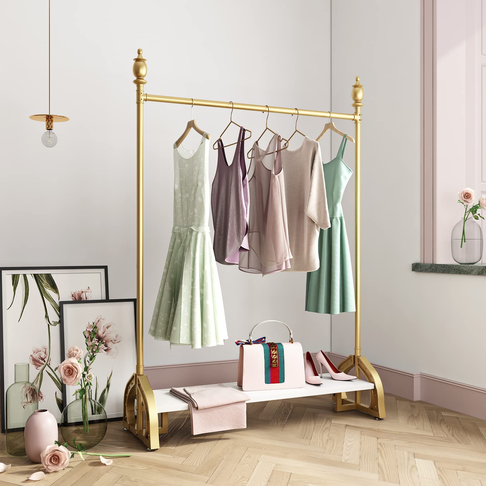 Heavy Duty Gold Clothing Rack with Shelf - 47.24 Inch Boutique Garment Display Rack for Retail Stores, Boutiques & Home Closet Organization - Perfect for Clothing Stores, Fashion Shows & Wardrobe Storage