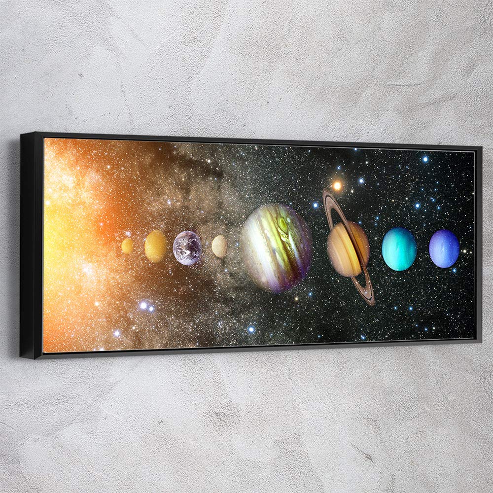 Planets Astronomy Solar System Space Panoramic Canvas Wall Art - Modern Black Framed 45x18 Inch - Office & Home Decor - Ready to Hang - Made in USA - Perfect for Living Room, Bedroom or Study Space