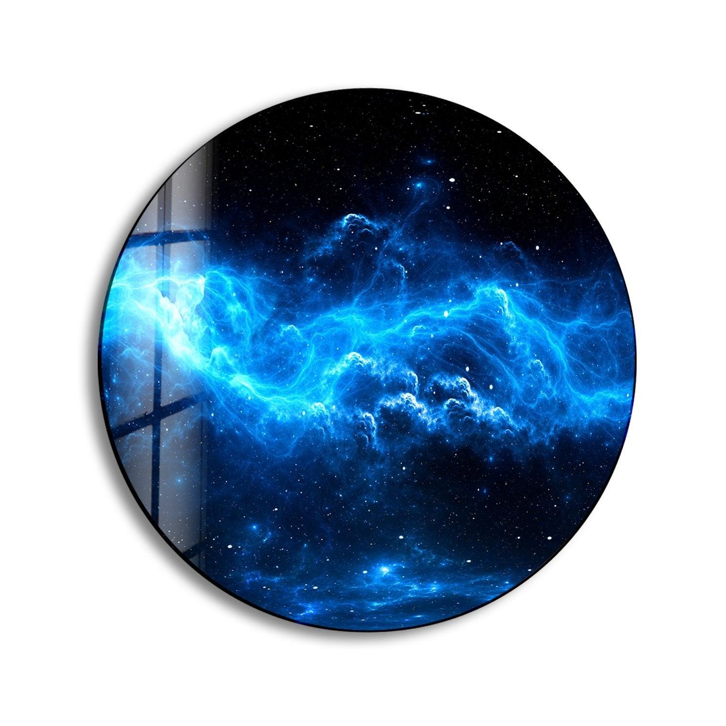Abstract Round Blue Space Glass Wall Art Decor - Modern Handmade Glass Mural for Living Room, Bedroom & Office Decor