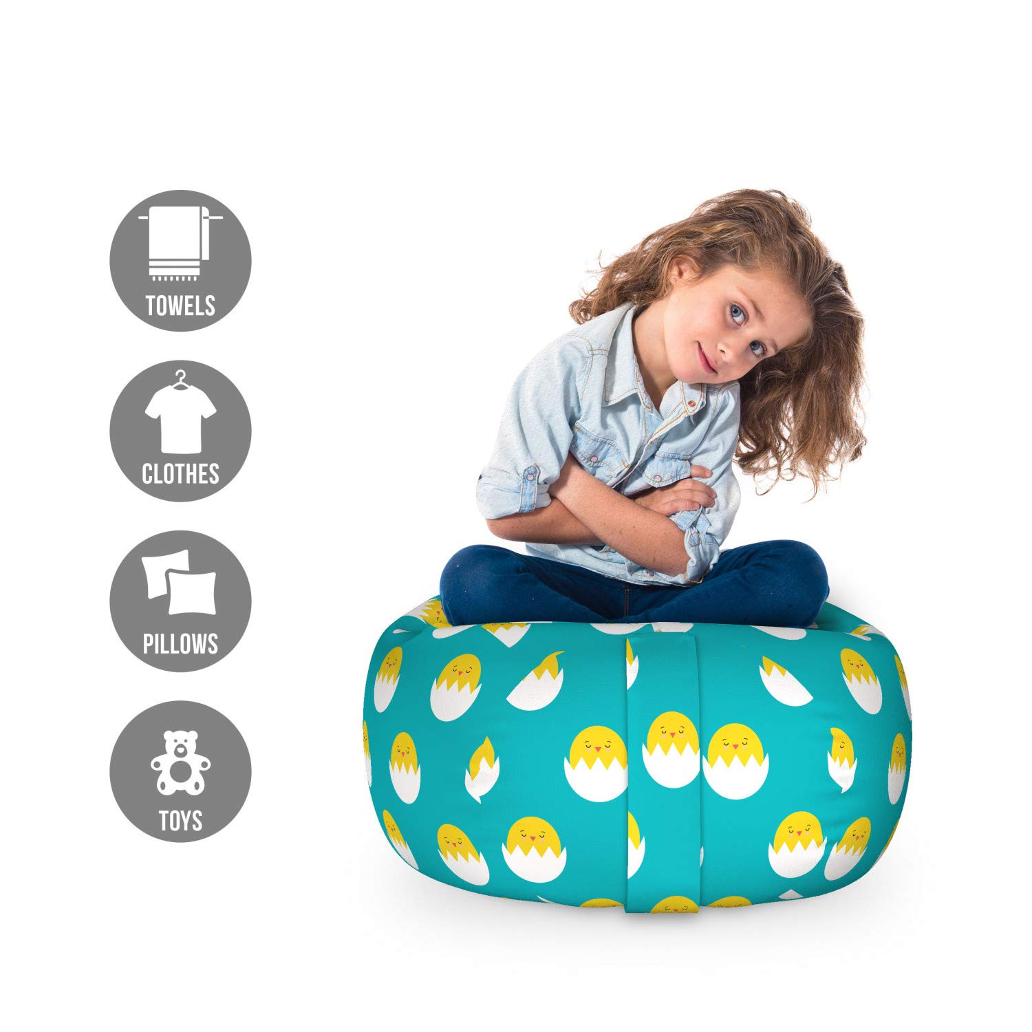 Ambesonne Yellow Bird Storage Toy Bag Chair - Cartoon Chickens in Cracked Eggs Pattern, Washable Stuffed Animal Organizer, Small Size, Seafoam Yellow for Kids' Room and Nursery Decor