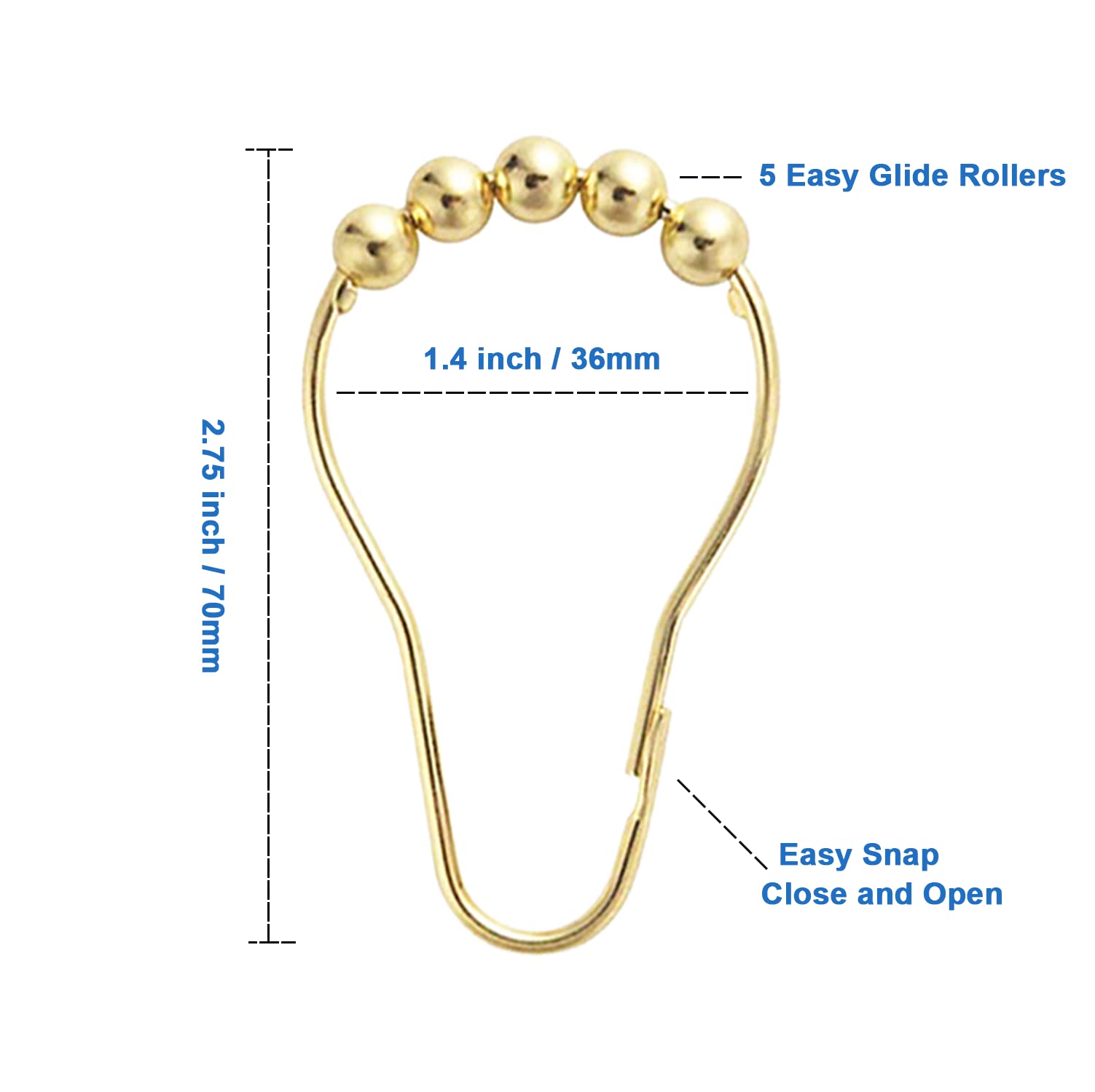 Rustproof Metal Shower Curtain Hooks Rings - Set of 12 Golden Bathroom Accessories for Shower Rods & Curtains | Durable & Stylish Upgrade for Your Bathroom Decor