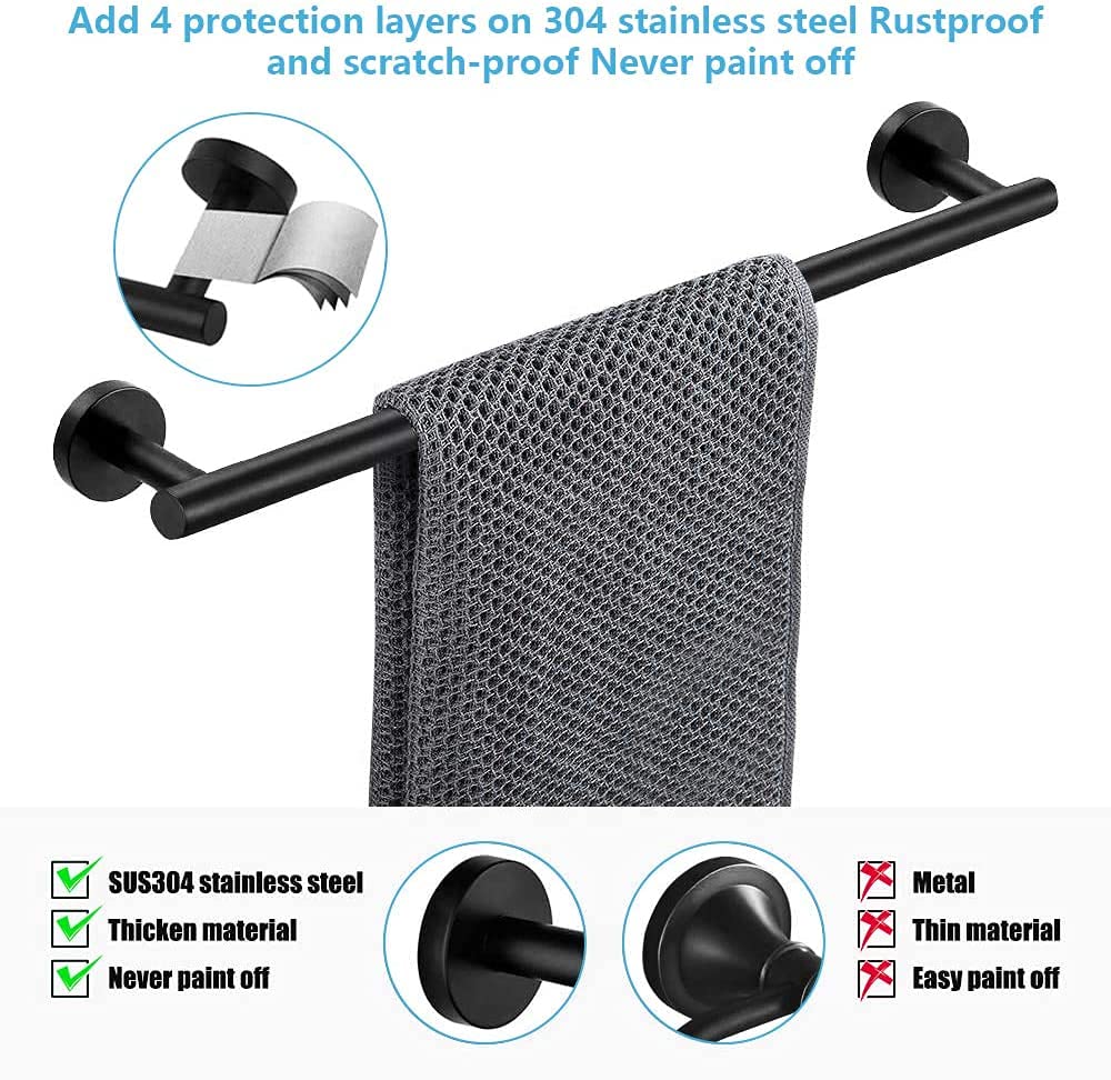 Matte Black Bathroom Hardware Set - 16.5 Inch Towel Bar, Toilet Paper Holder & Robe Hooks, SUS304 Stainless Steel Wall Mounted Bathroom Accessories Kit for Modern Home Decor