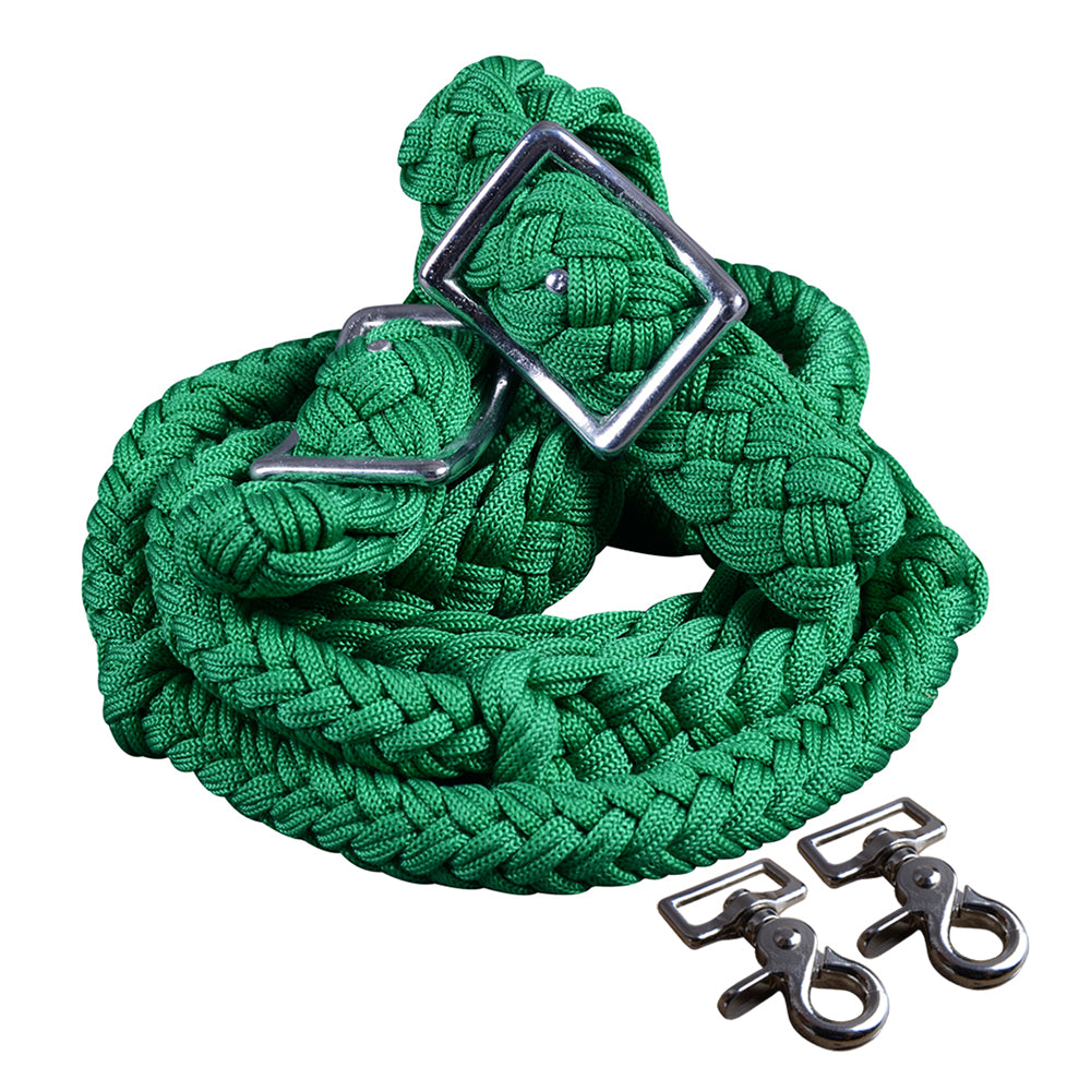 1 X 8Ft Hilason Braided Poly Barrel Horse Racing Flat Reins with Snaps - Durable Green Reins for Western Riding, Barrel Racing & Training - Perfect for Professional Riders & Equestrian Sports