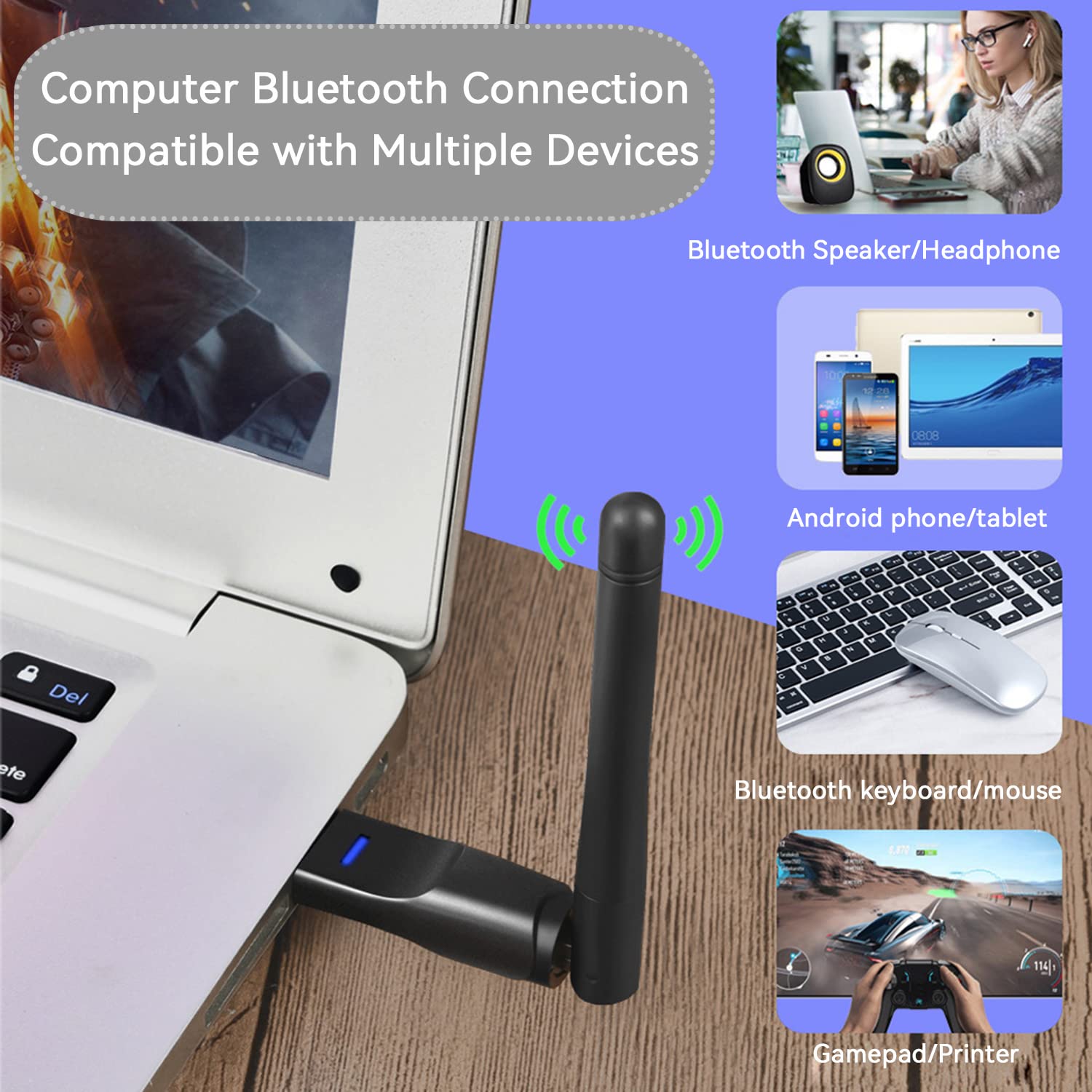 Jaimela Bluetooth 5.1 Dongle Adapter - Long Range Wireless USB Receiver for Windows 7/8/10/11, PC, Headphones, Speakers, Keyboard & Printers - Plug & Play for Home Office, Gaming & Music Streaming