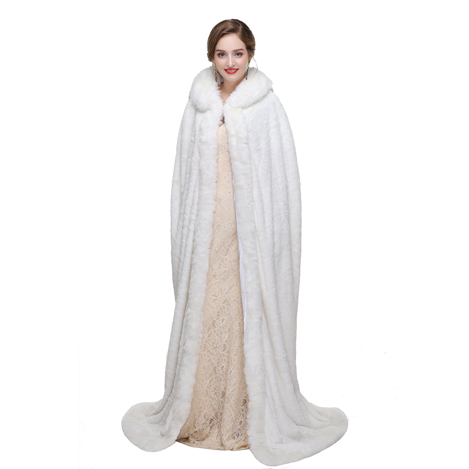 Elegant White Hooded Bridal Cape - Winter Wedding Cloak for Women, Medium Size, Warm Fleece Lining - Perfect for Outdoor Ceremonies, Photoshoots & Cold Weather Receptions