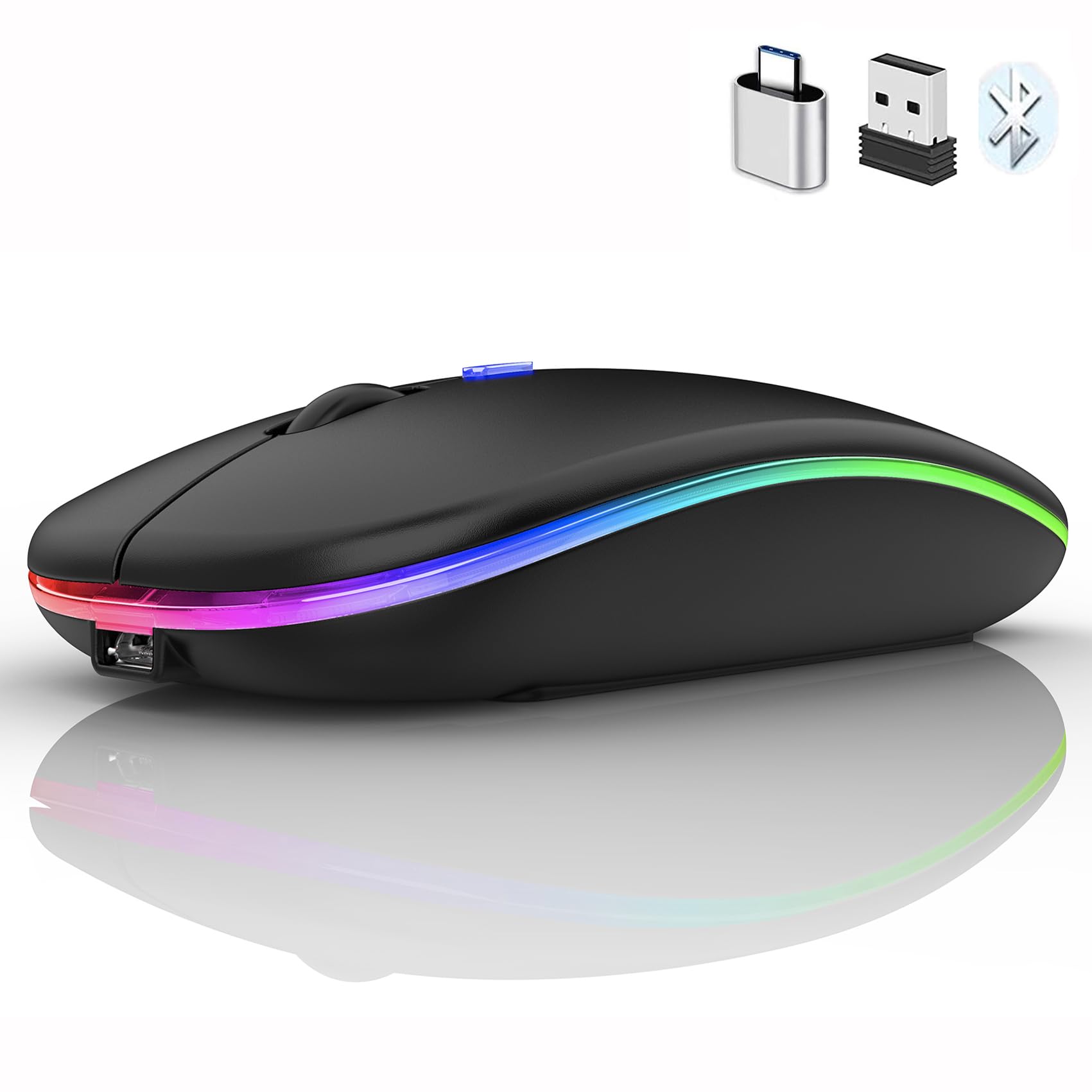 Wireless Bluetooth Mouse for Laptop, MacBook, iPad, PC - Compatible with MacBook Air/Pro, Windows, Chromebook & Desktop Computers - Ergonomic Design with LED Light (Black) - Perfect for Office, Home & Travel Use