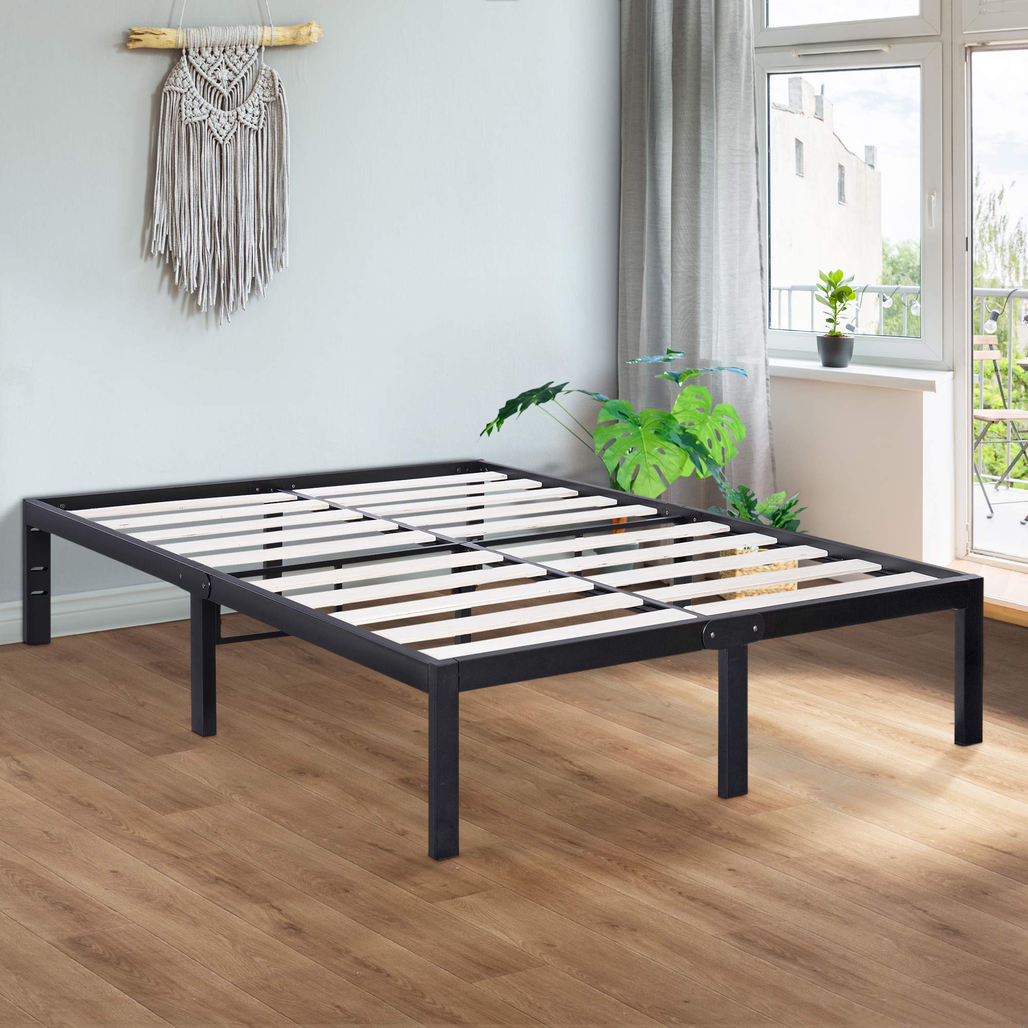 Sleeplace T-3000 Ultra 3 Inch Wood Slat Full Size Bed Frame in Black - Sturdy Platform Bed with Noise-Free Support for Master Bedroom, Guest Room & Dorm