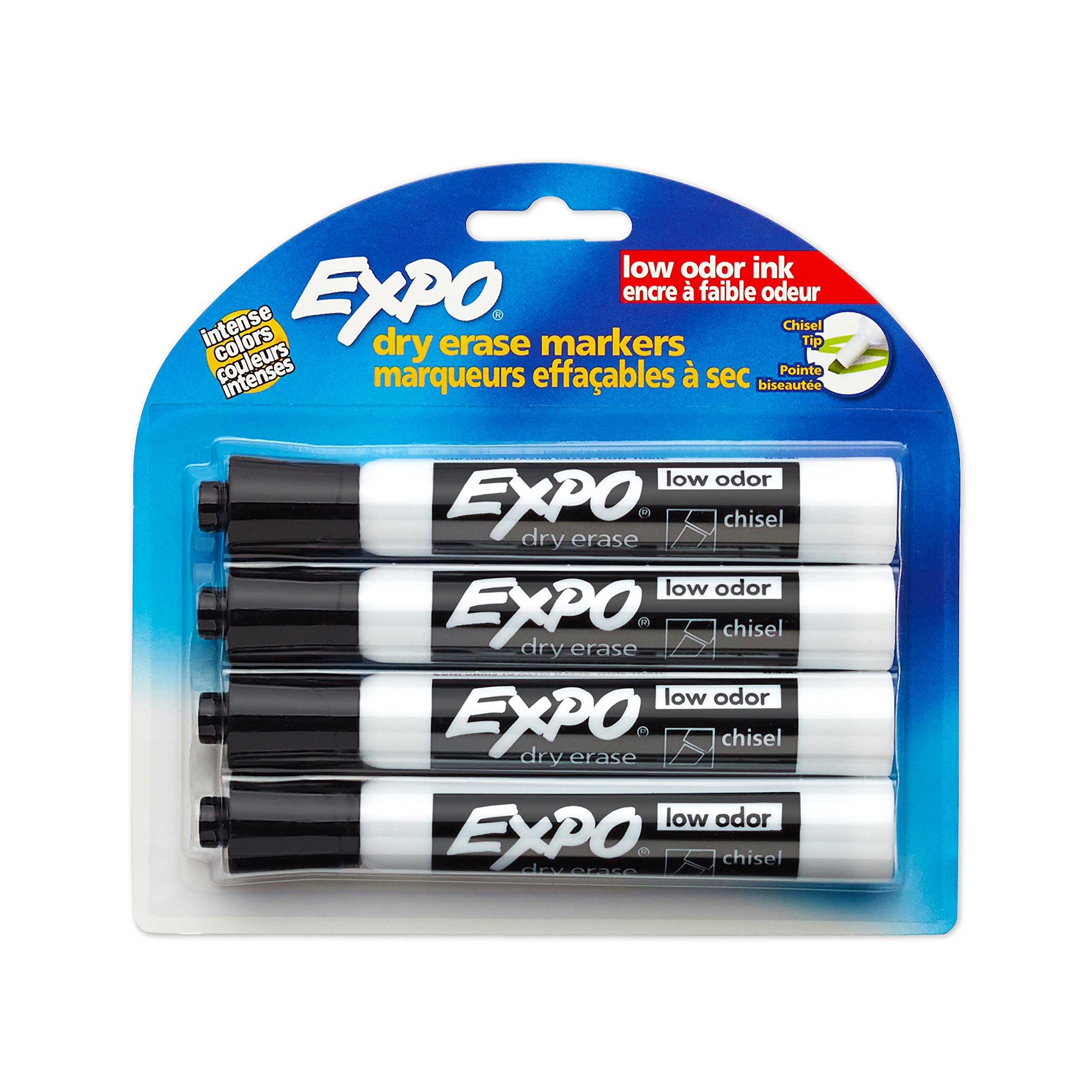 Low-Odor Dry Erase Markers with Chisel Tip - 4 Pack Black Whiteboard Markers for Office, Classroom & Home Use - Ideal for Presentations, Teaching & Planning Boards