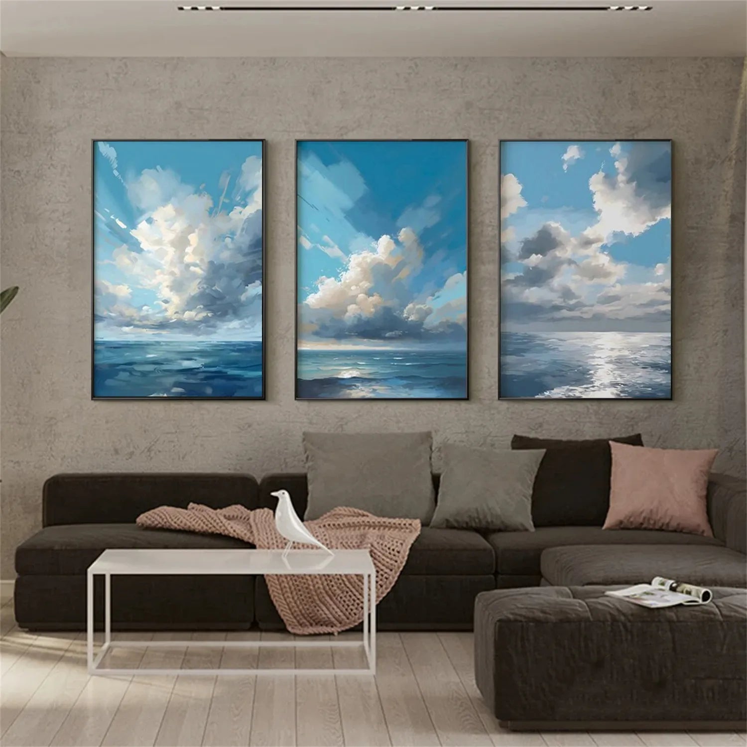 Ocean and Sky Wall Art Set of 3 - Coastal Beach Decor Paintings for Living Room, Bedroom & Office - Modern Seascape Canvas Prints (OS 214)