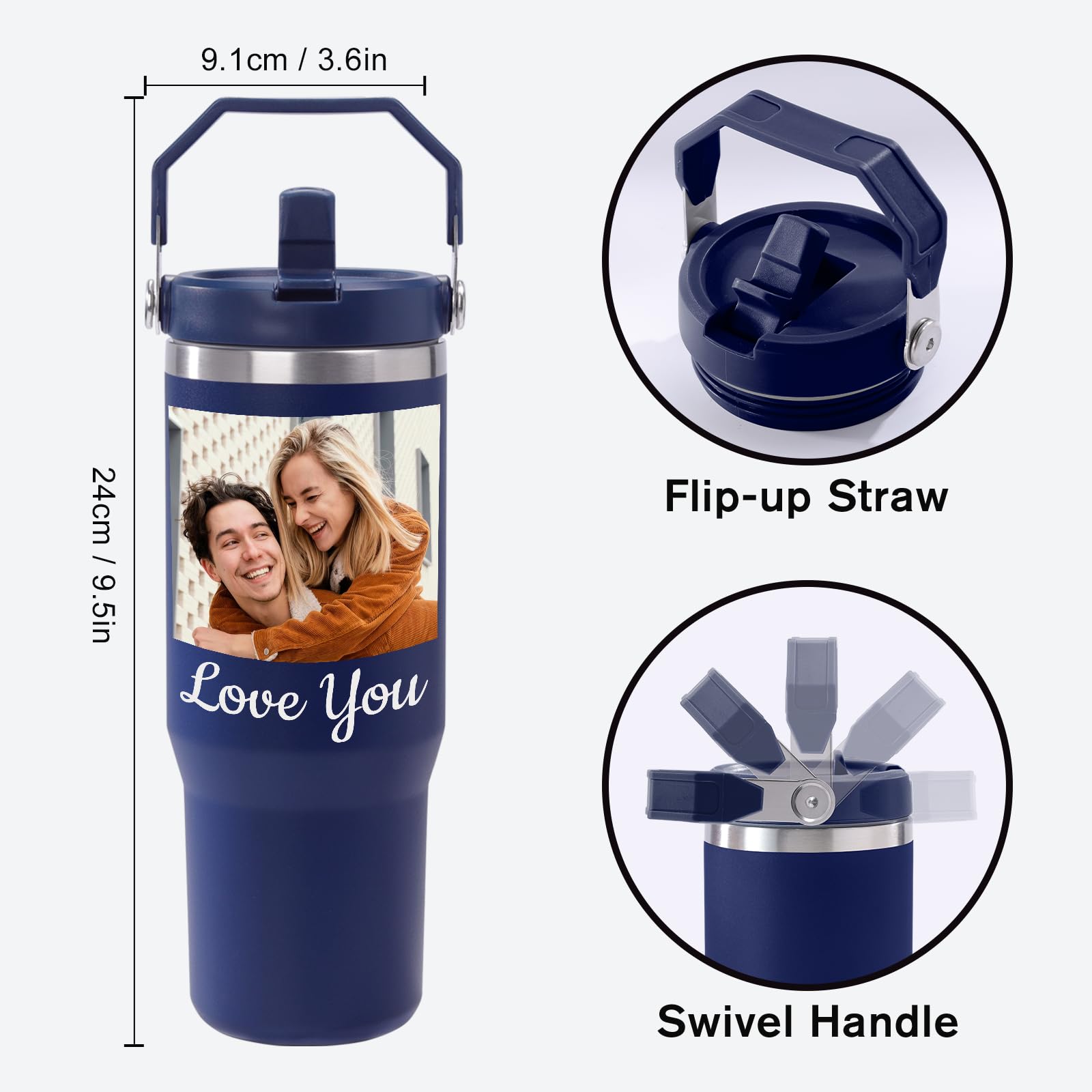 **Personalized 30 oz Stainless Steel Tumbler with Handle & Flip Straw - Custom Name & Photo Insulated Water Bottle - Leakproof for Home, Office, Gym, Travel - Great Gift for Men & Women**