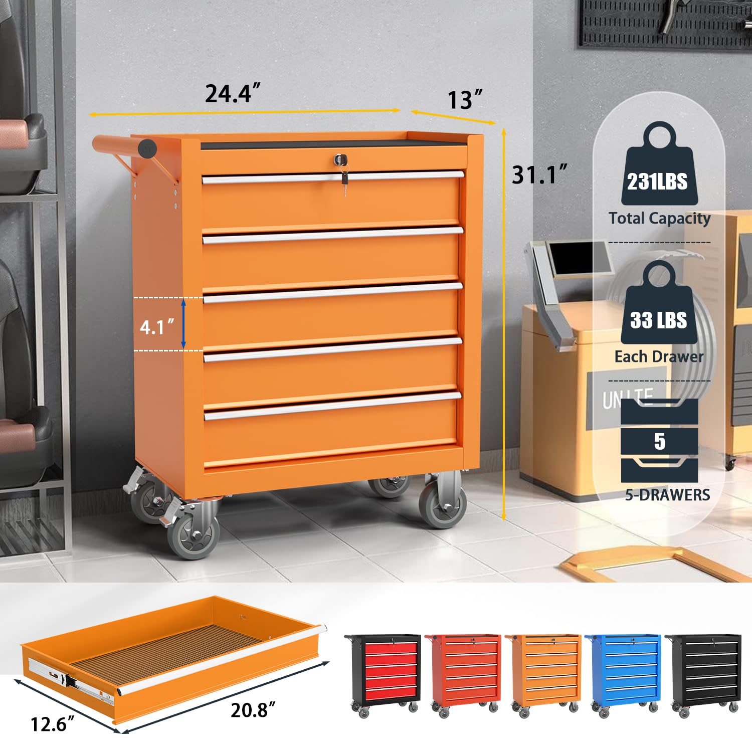 5-Drawer Rolling Tool Chest - Heavy Duty Metal Tool Storage Organizer Cart with Locking System & 4 Swivel Wheels | Multifunctional Mechanic Tool Cart for Garage, Workshop, Auto Repair | Durable Orange Tool Chest for Professional Mechanics & DIY Enthusiasts | Perfect for Organizing Wrenches, Screwdrivers & Power Tools