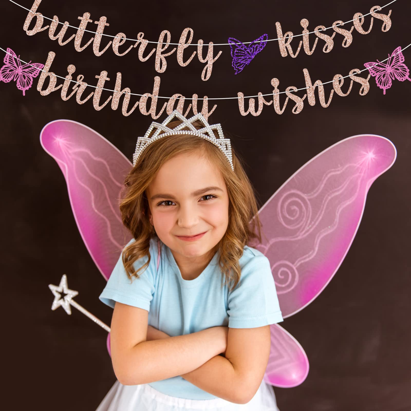 Butterfly Kisses Birthday Banner - Rose Gold First Birthday Party Decorations for Girls, Baby Shower & Birthday Celebrations
