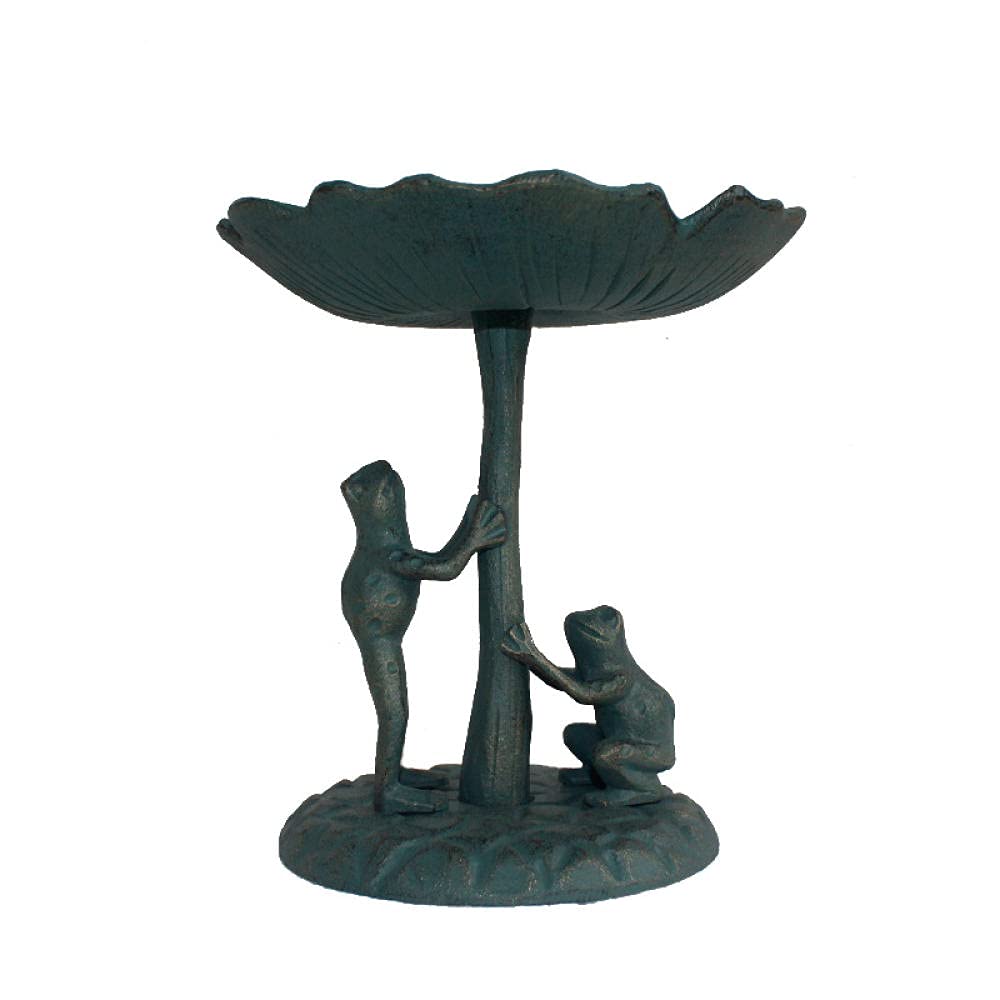 Cast Iron Frog, Mushroom & Bird Statues - Handcrafted Garden Sculptures with Food Basin - Outdoor Home Decor for Patio, Lawn & Flower Beds
