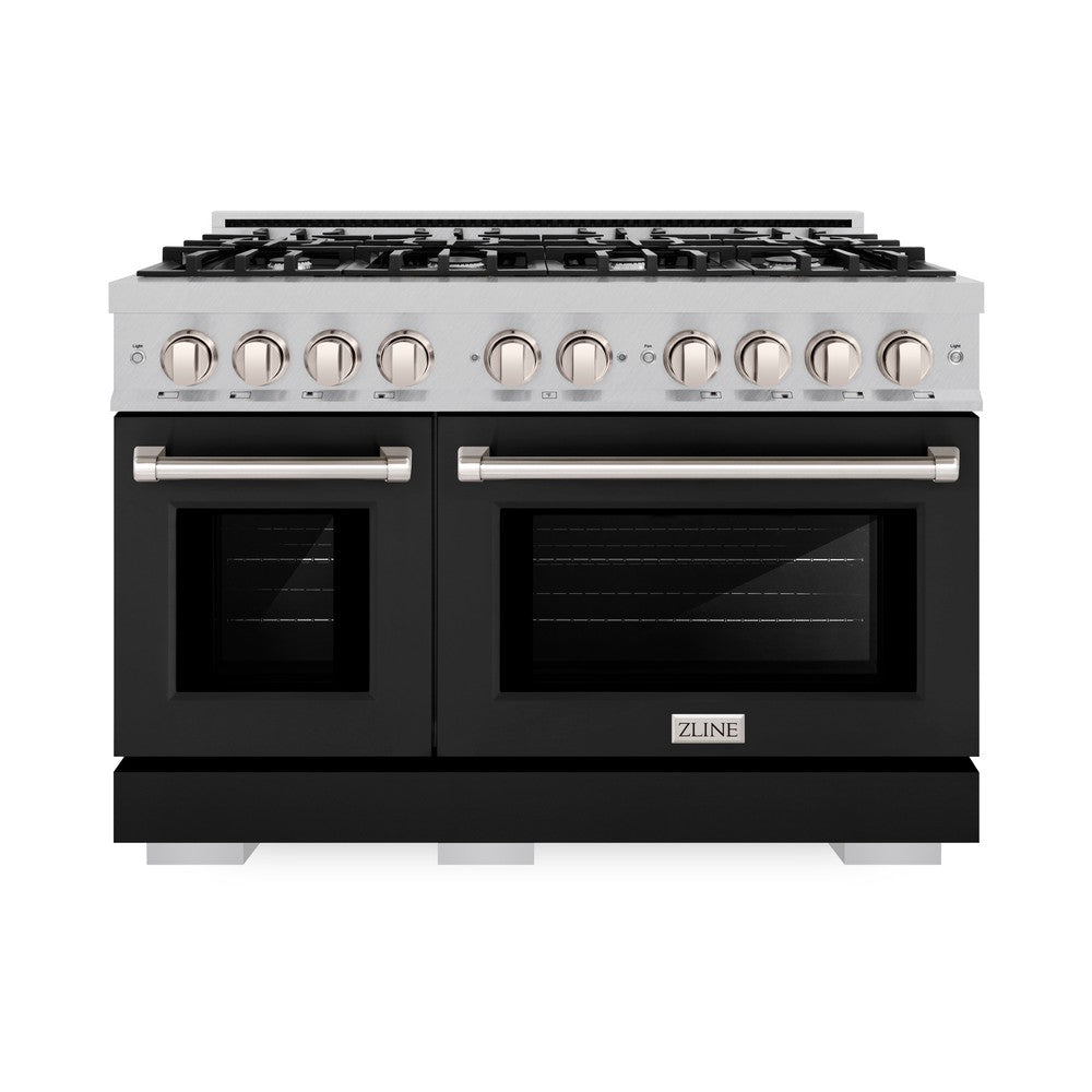 ZLINE 48-Inch 6.7 cu. ft. Professional Double Oven Gas Range with 8 Burner Cooktop - Satin Stainless Steel & Black Matte Doors (HGRS BLM 48) - Perfect for Large Kitchens, Home Chefs & Entertaining