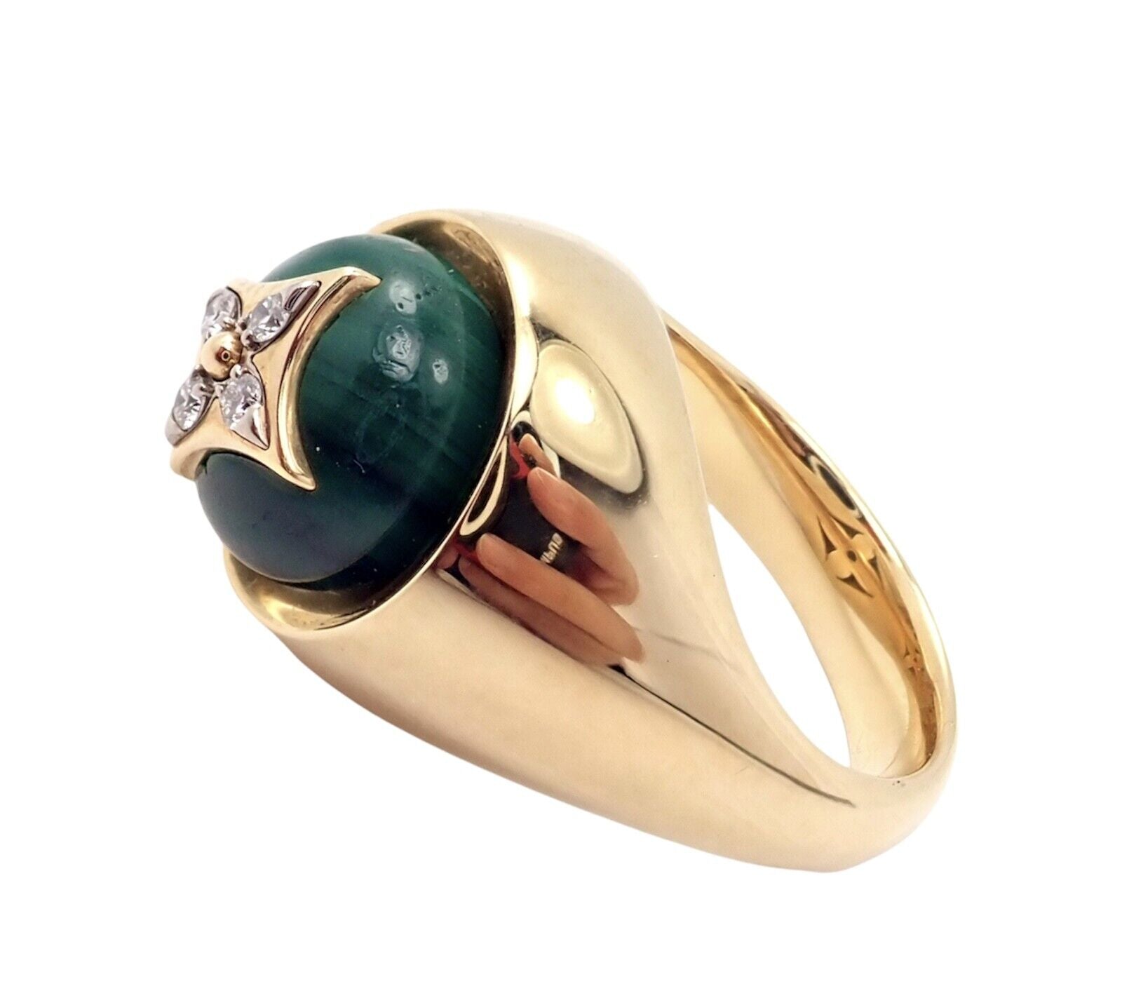 Authentic Louis Vuitton LV 18k Yellow Gold Diamond Malachite Blossom Signet Ring for Women - Luxury Fashion Jewelry Gift for Anniversary, Valentine's Day & Special Occasions