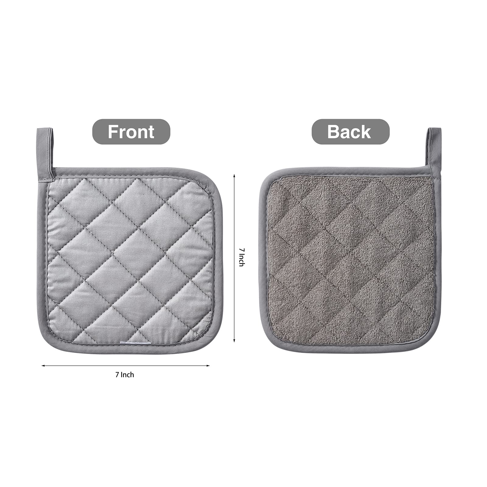 Heat Resistant Cotton Kitchen Pot Holders Set - 7 x 7 Inch (Set of 6) - Oven Mitts, Hot Pads & Trivets for Cooking, Baking & Serving - Grey Terry Cloth for Everyday Kitchen Use