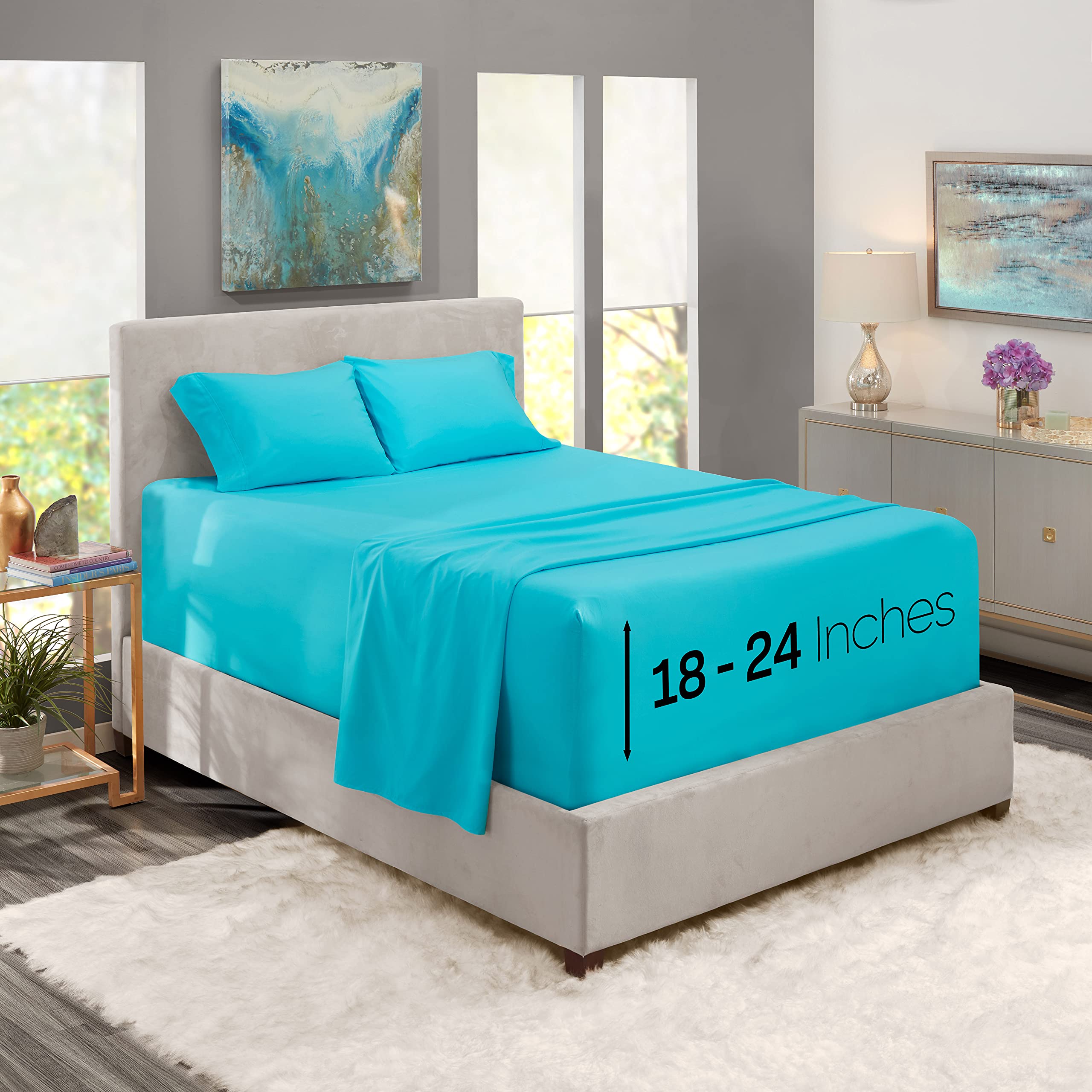 Nestl Extra Deep Pocket Sheet Set - 4 Piece Twin XL Size, Fits Mattress 18-24 Inches Deep, Bright Blue Bed Sheets for College Dorms, Guest Rooms & RV Beds