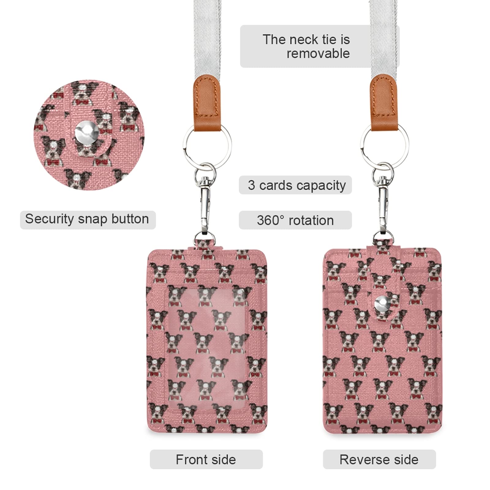 Boston Terrier ID Badge Holder - PU Leather Wallet with Lanyard for Work & Events