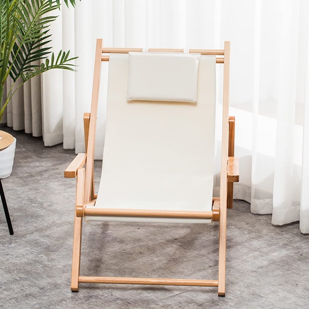 LEIYAN Outdoor Beach Sling Chair - Adjustable Wooden Deck Lounger with Canvas & Armrests - Ergonomic Folding Patio Chair for Garden, Balcony, Poolside - Perfect for Relaxing in White