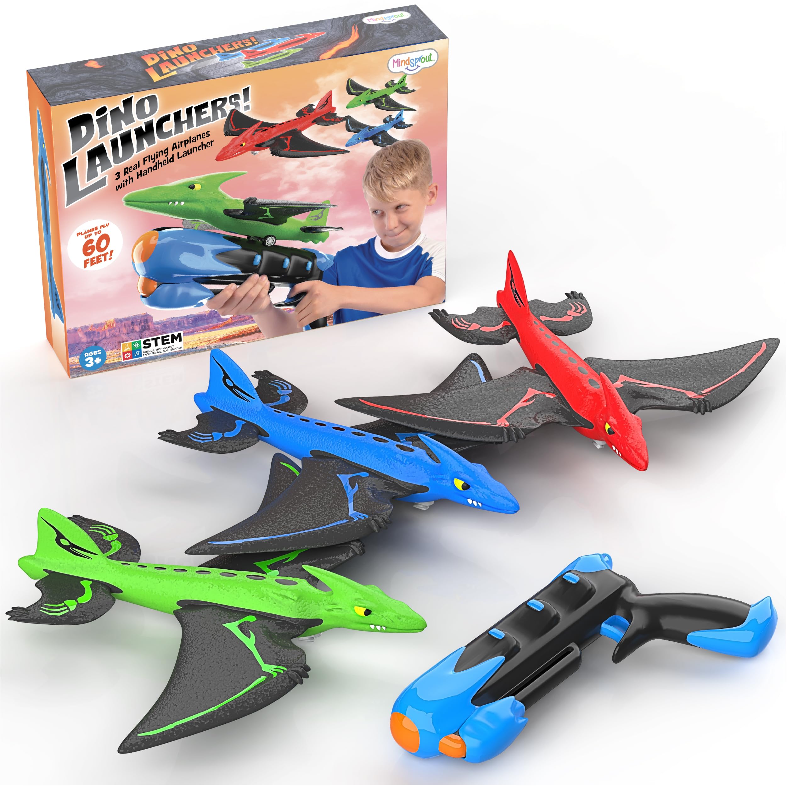 MindSprout Dino Launchers - STEM Airplane Toys for Kids Ages 3-7 - Outdoor & Indoor Flying Dinosaur Launcher Toy for Boys & Girls - Perfect for Backyard Play, Birthday Gifts & Family Fun Activities