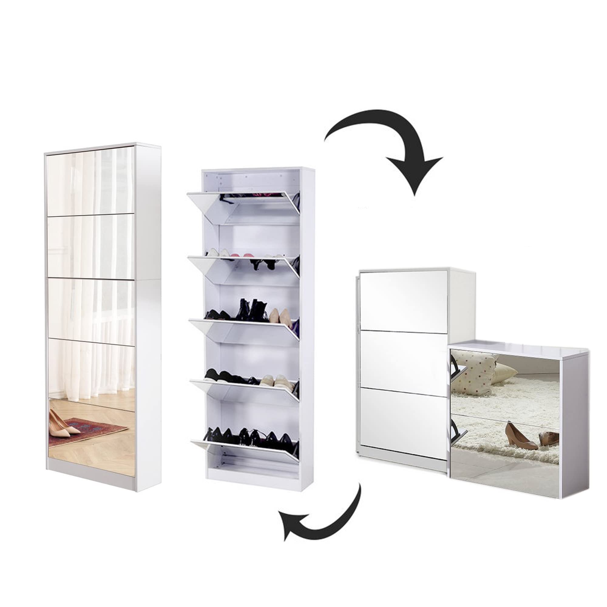 GLS Floor Standing Full Length Mirror Shoe Cabinet - 5 Tier Closet Shoe Organizer for Living Room, Bedroom & Entryway - White - Space Saving Storage Solution for Shoes, Hats & Accessories