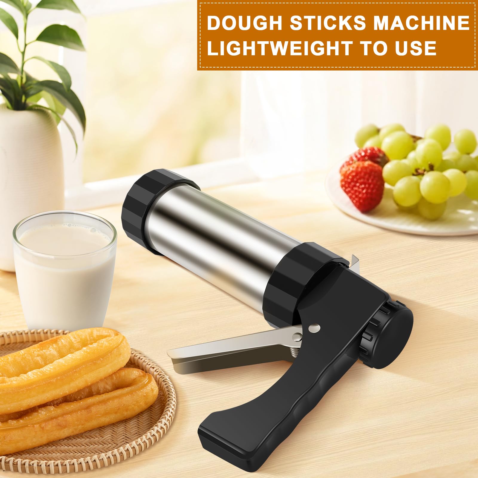 Stainless Steel Churro Maker Machine Kit with 3 Nozzle Tips & Piping Bag - Easy to Clean Hollow Churro Gun with Sponge Brush - Perfect for Home Baking, Parties, and Spanish Dessert Making