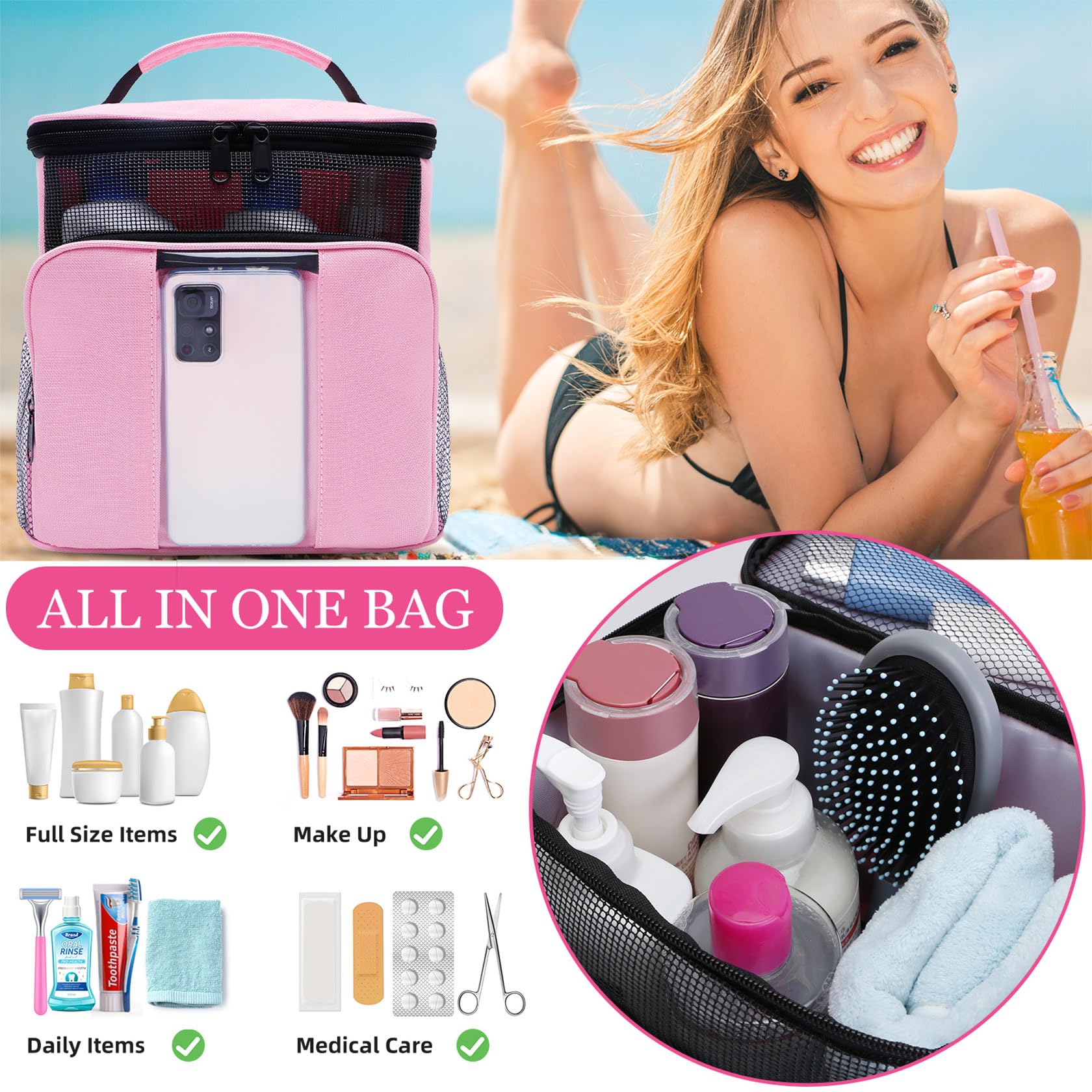 Mesh Shower Caddy | Portable Hanging Travel Toiletries Organizer for Women & College Students | Large Makeup Bag for Full-Sized Products | Dorm Room & Travel Essentials | Perfect for Camping, Beach Trips & Daily Use