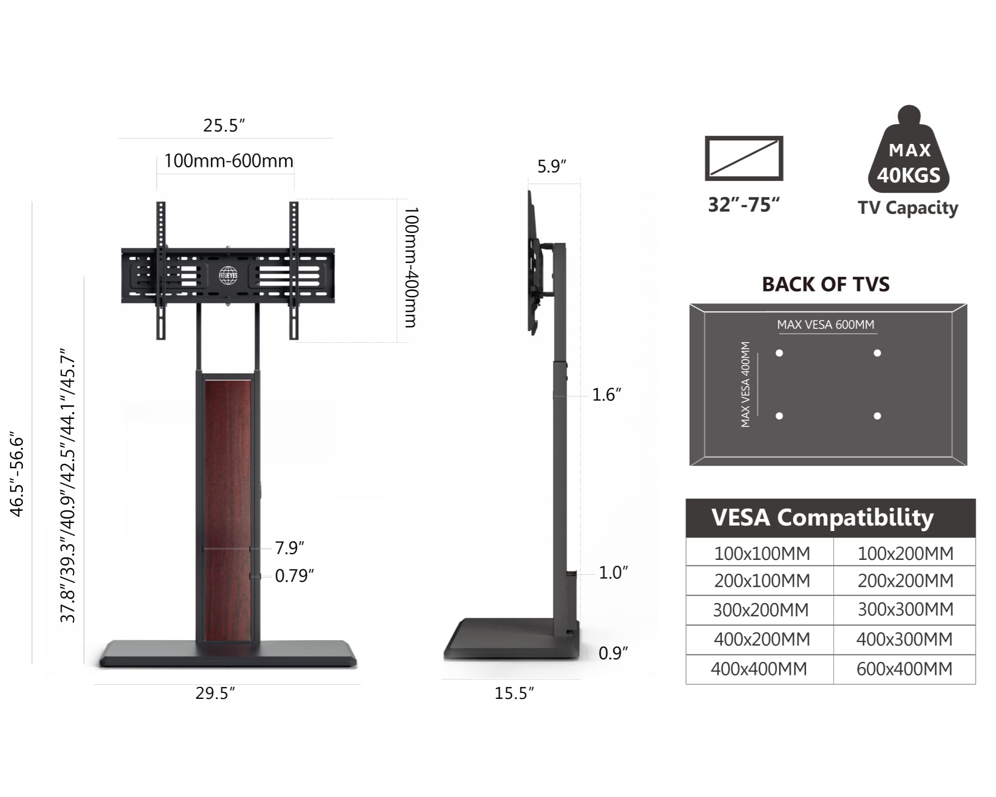 FITUEYES Adjustable Floor TV Stand for 32-75 Inch Flat Screen TVs - Solid Wood Base, Height Adjustable Mount Bracket (Max VESA 600x400mm, Supports 88 lbs) - Perfect for Living Room, Bedroom & Home Theater Setup