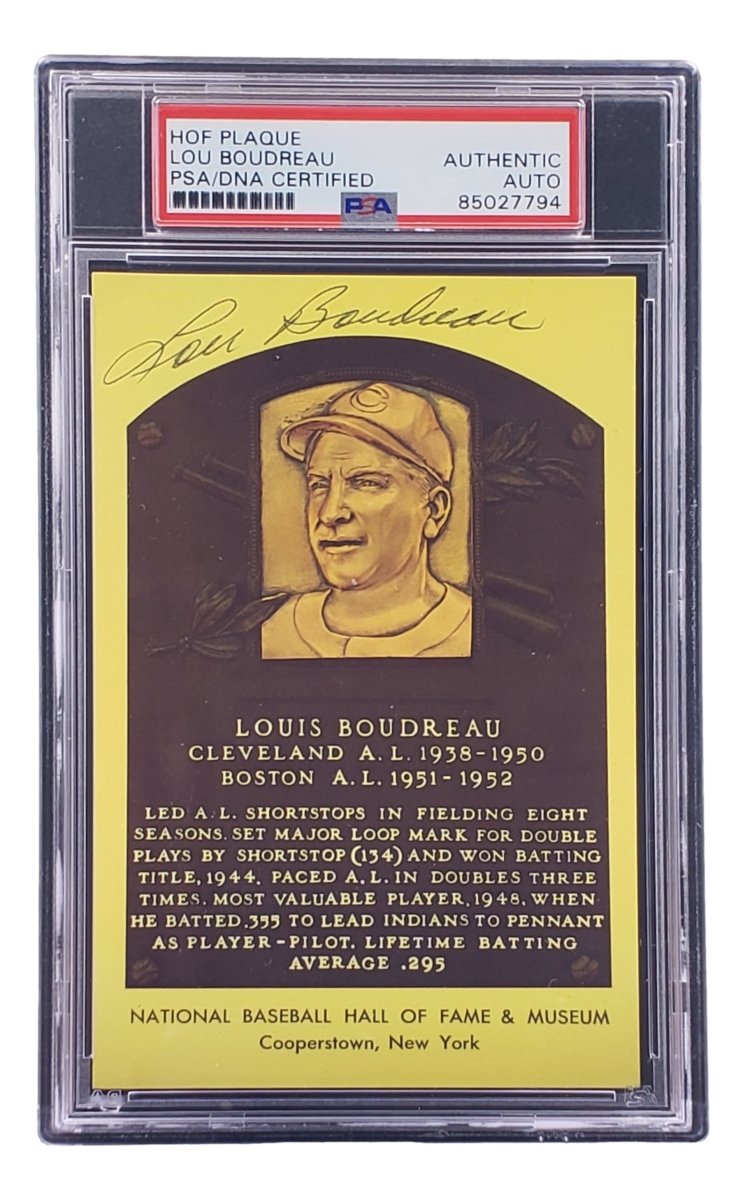 Lou Boudreau Autographed 4x6 Cleveland HOF Plaque Card - PSA/DNA Certified #85027794 - Perfect for Baseball Memorabilia Collections & Sports Fan Gifts