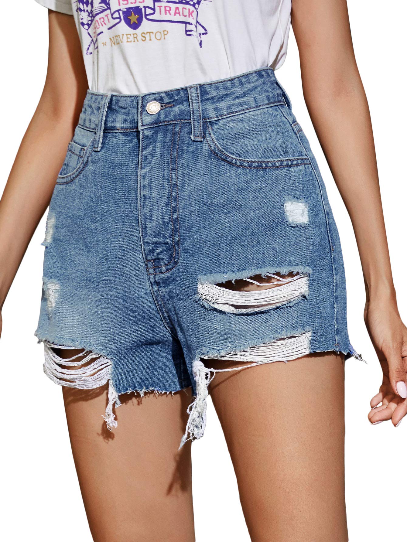 SweatyRocks Women's Distressed Denim Shorts with Rhinestone Fringe & Raw Hem - Casual Ripped Jean Shorts for Summer Outfits, Music Festivals & Street Style