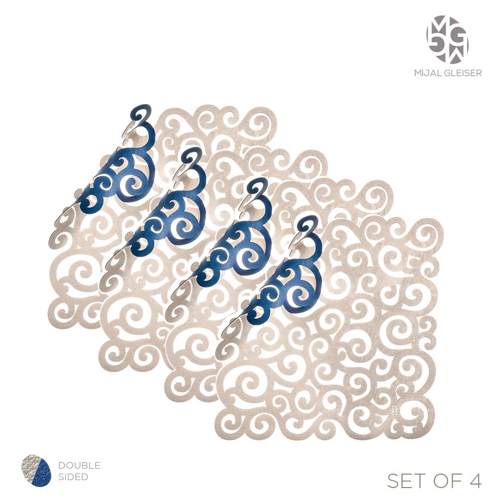 Mijal Gleiser Double Sided Placemats Set of 4 - Laser Cut Heat Resistant Non Slip Stain Resistant Table Mats - Sea Snail Collection Royal Blue Champagne - Perfect for Dining Table, Kitchen, Party & Home Decor