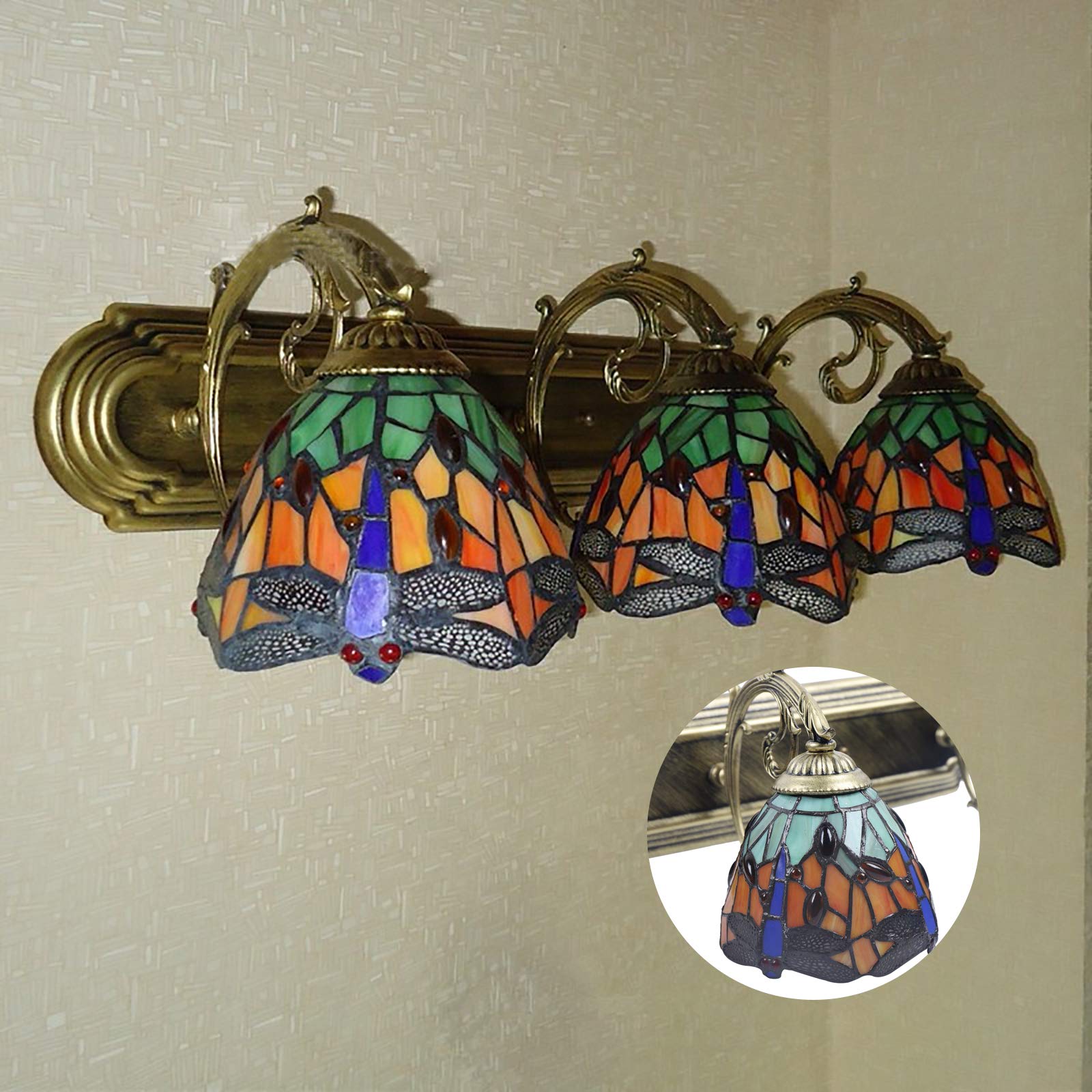 TFCFL 3-Light Bronze Wall Sconce with Handcrafted Stained Glass Dragonfly Shades - Elegant Vanity Lighting for Bathroom, Bedroom, and Hallway Décor