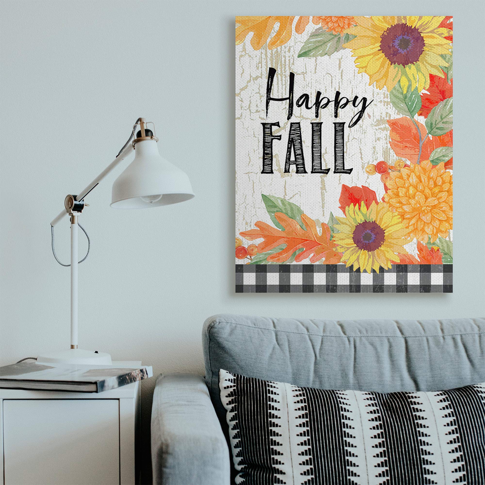 Stupell Industries Happy Fall Phrase Checkered Plaid Sunflower Floral Canvas Wall Art - 36