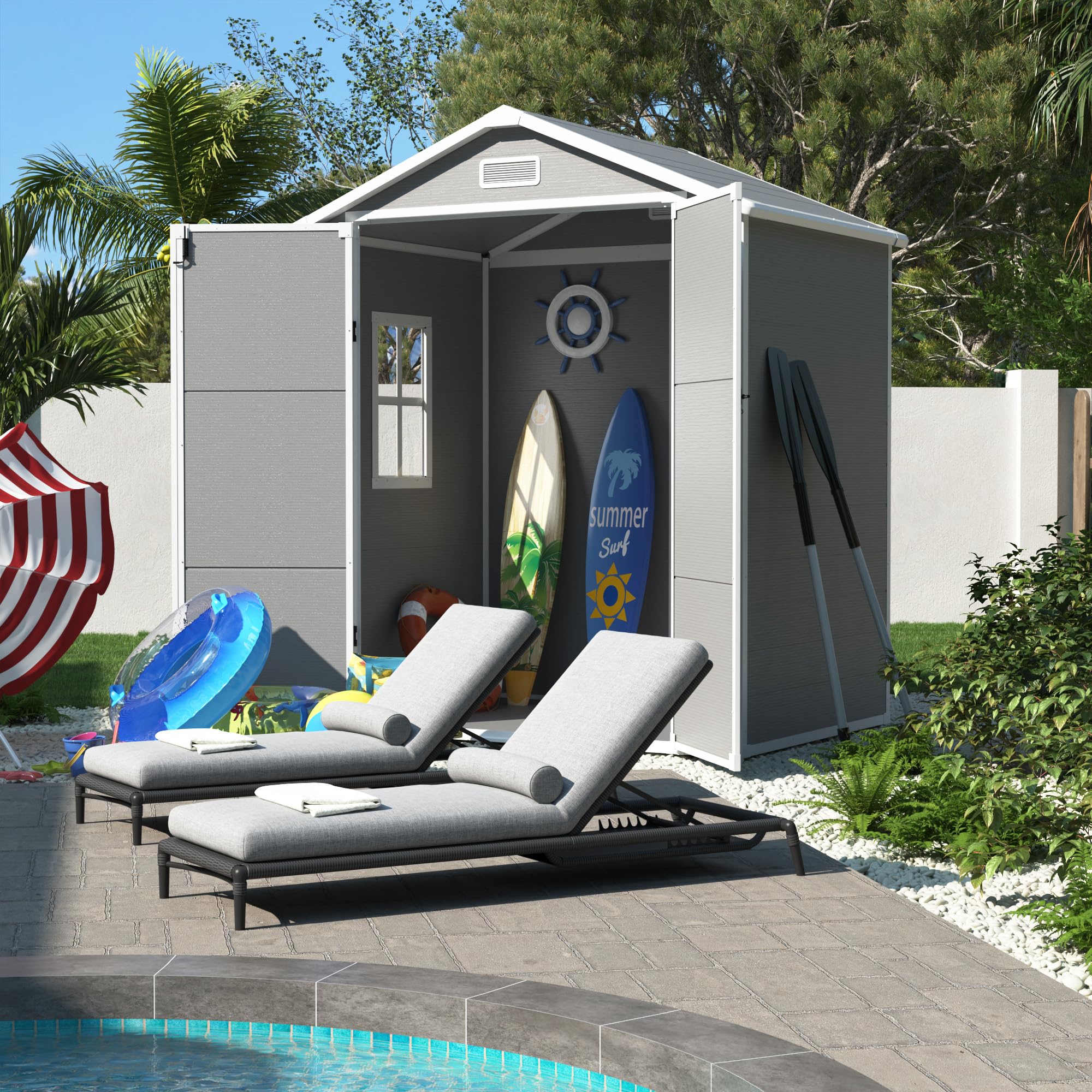 **6x4.5 FT Outdoor Resin Storage Shed – Lockable Plastic Garden Shed for Bikes, Garbage Cans & Tools | Durable Backyard, Patio & Lawn Storage Box in Grey & White | Perfect for Organizing Outdoor Equipment & Seasonal Items**