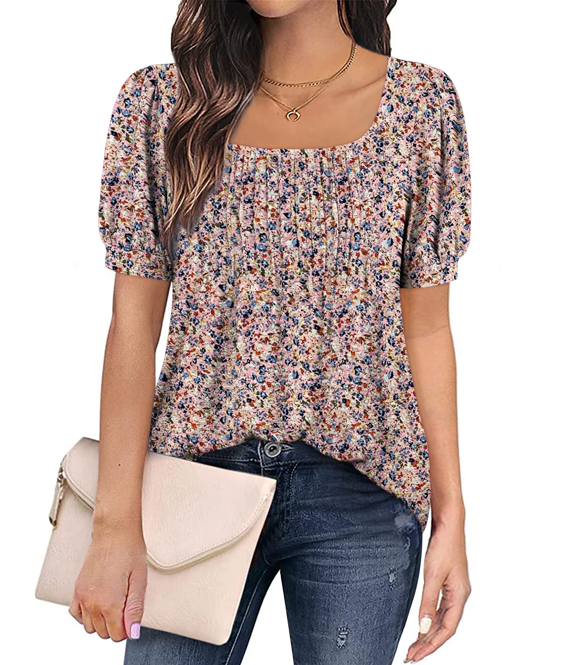Zwurew Women's Summer Casual Puff Short Sleeve T-Shirt - Square Neck Pleated Flowy Tunic Top for Leggings (Sizes S-2XL) | Perfect for Beach Outings, Yoga, and Everyday Wear