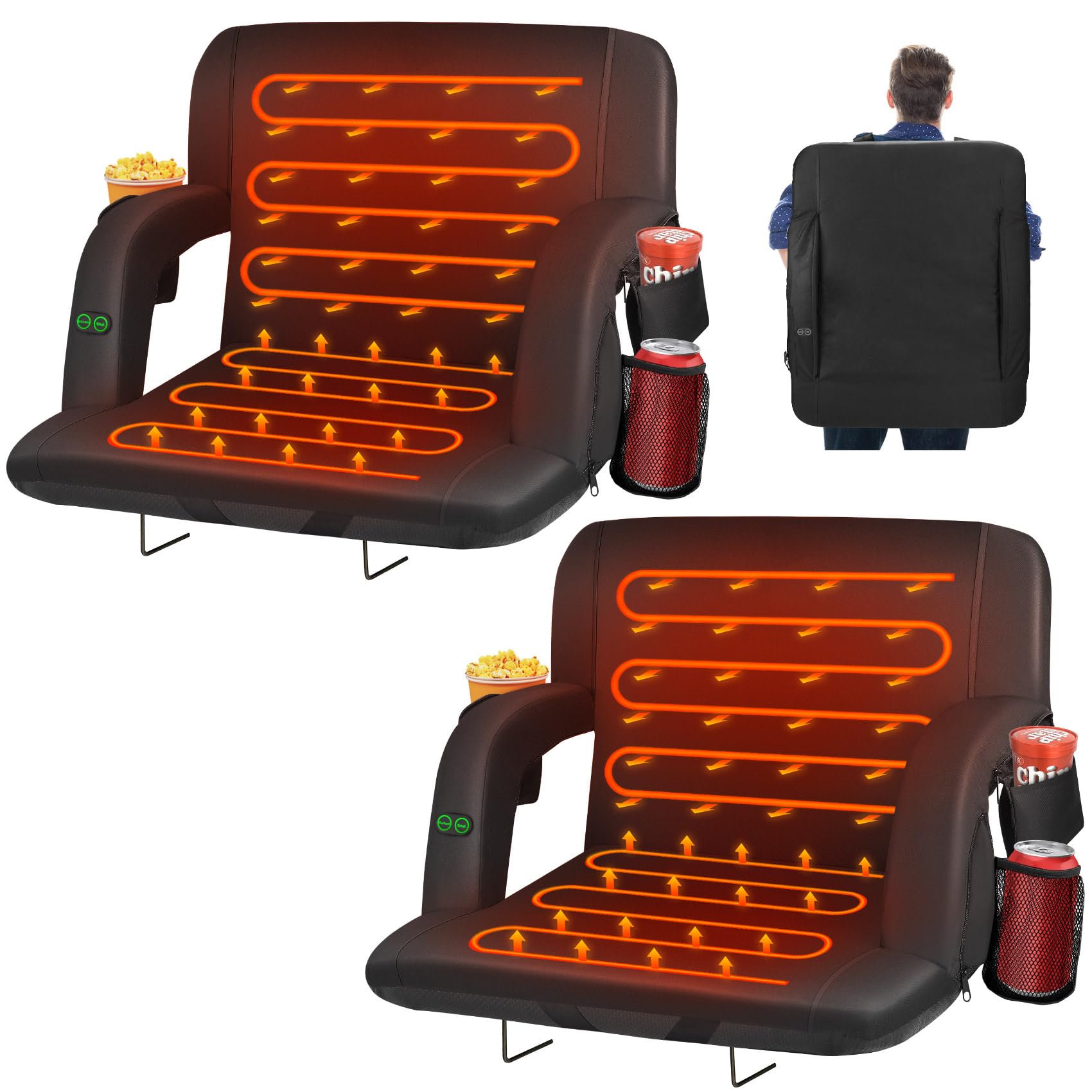 HOPERAN 2-Pack Dual-Sided Heated Stadium Seats with Back Support - 3-Level Adjustable Heating, 5 Storage Pockets - Portable Bleacher Chairs for Football, Baseball, Hockey Games & Outdoor Events