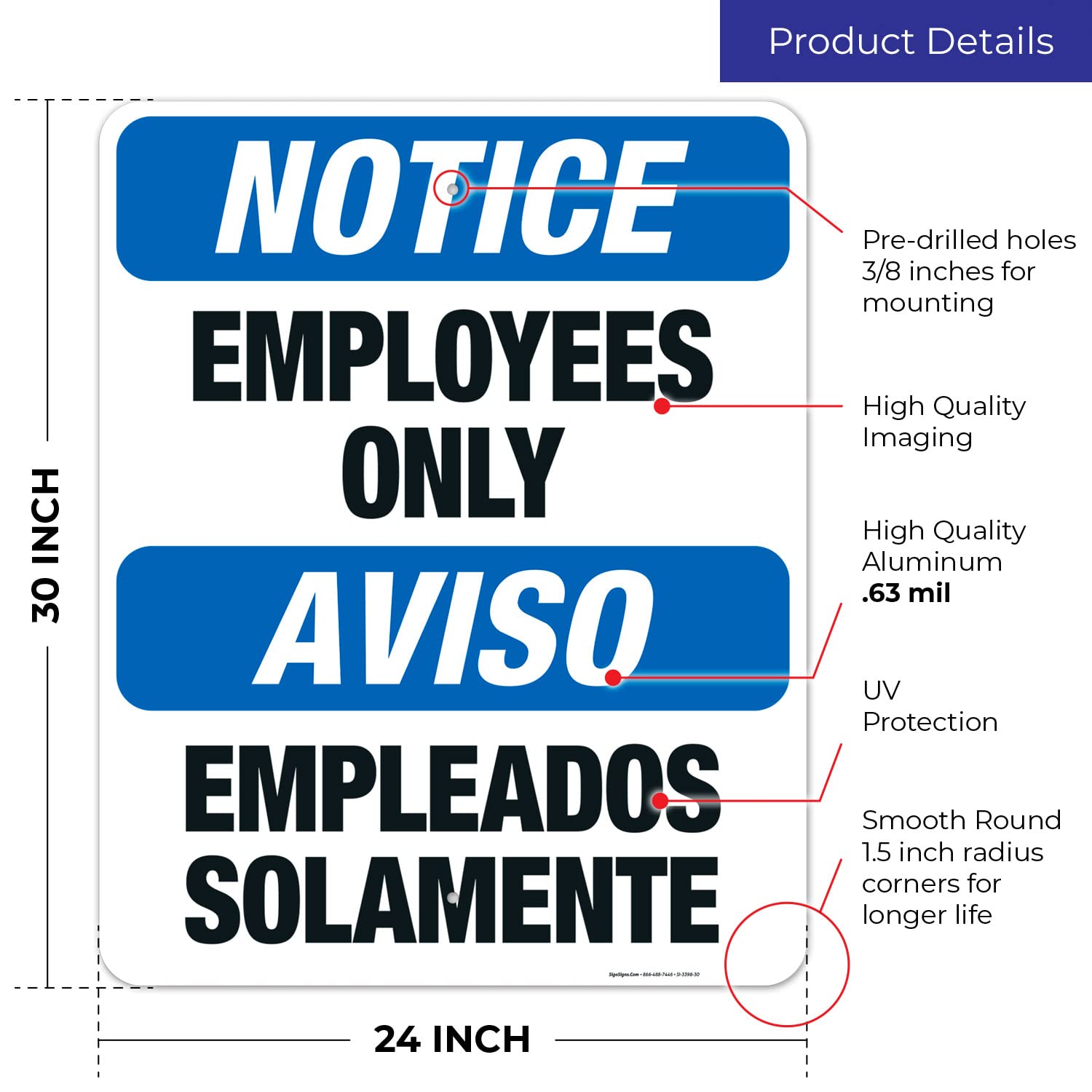 Bilingual OSHA Approved 'Employees Only' Sign - 24x30 Inches, Rust-Free .063 Aluminum, Fade Resistant for Indoor/Outdoor Use - Made in USA - Perfect for Warehouses, Offices, and Restricted Areas