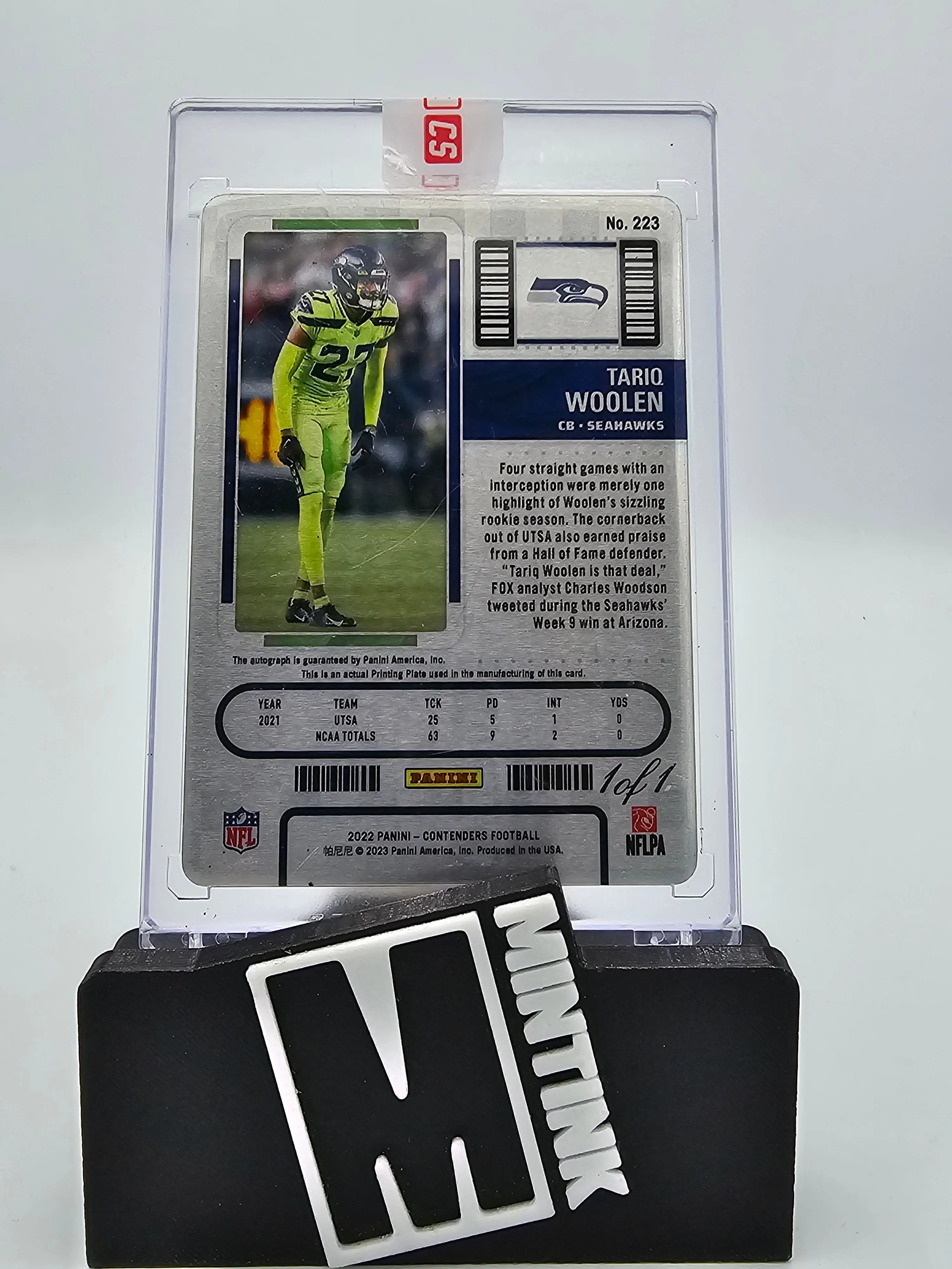 2022 Panini Contenders Tariq Woolen Rookie Printing Plate 1/1 #223 - Rare Football Collectible for Sports Memorabilia & Card Collectors