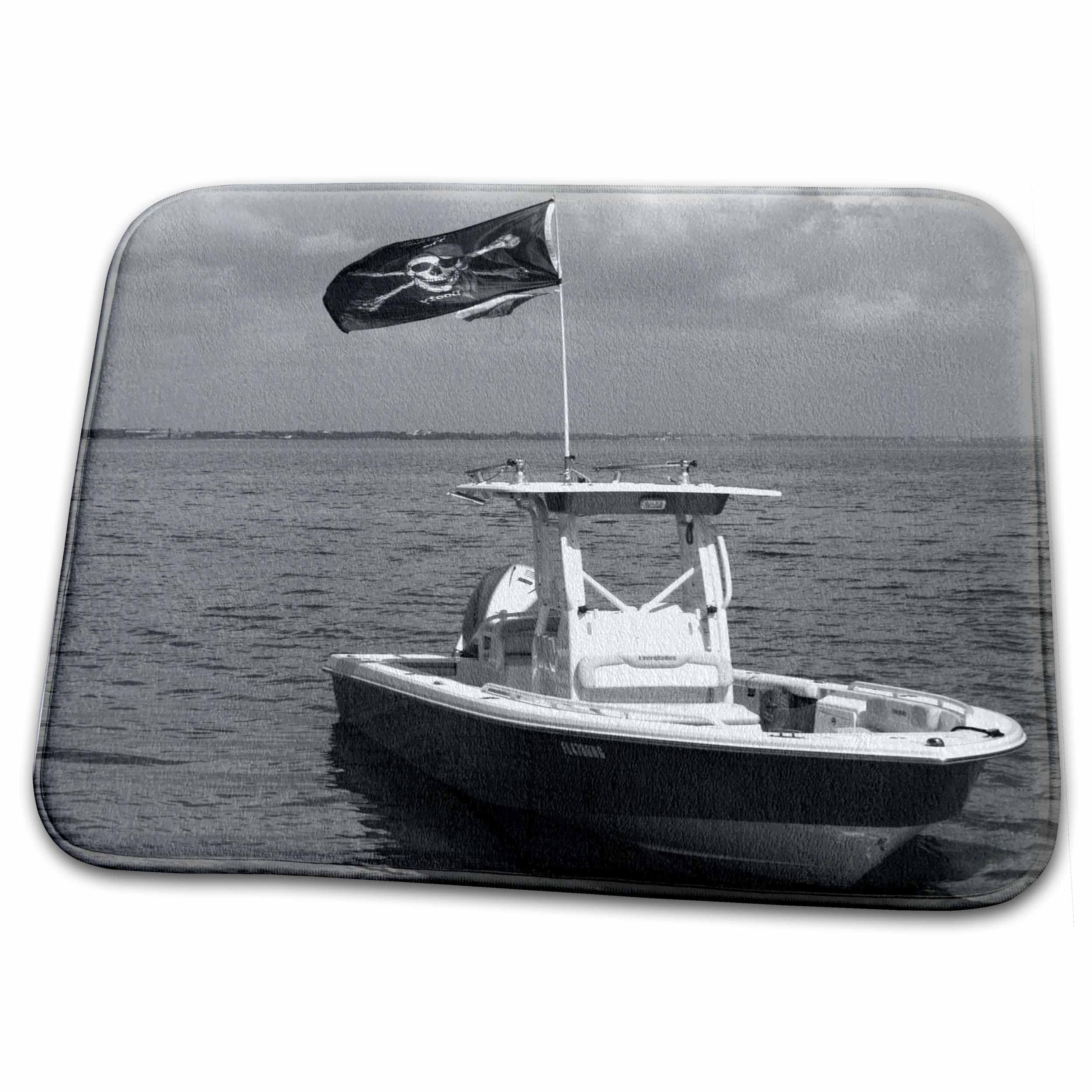 Pirate Flag Boat Dish Drying Mat - Absorbent Kitchen Sink Mat for Dishes, Cups & Utensils - Black and White Beach Photography Design - Perfect for Coastal Themed Kitchens & Nautical Home Decor
