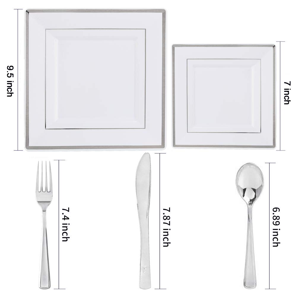 125-Piece Silver Plastic Dinnerware Set - Disposable Square Plates with Silver Rim & Cutlery (25 Dinner Plates, 25 Salad Plates, 25 Forks, 25 Knives, 25 Spoons) - Perfect for Parties, Weddings, and Catering Events