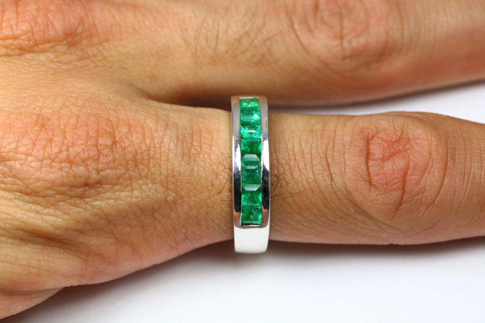 1.40tcw Genuine Vivid Green Emerald 14K Gold Wedding Band Ring for Men - Perfect for Engagement, Anniversary & Special Occasion Gifts