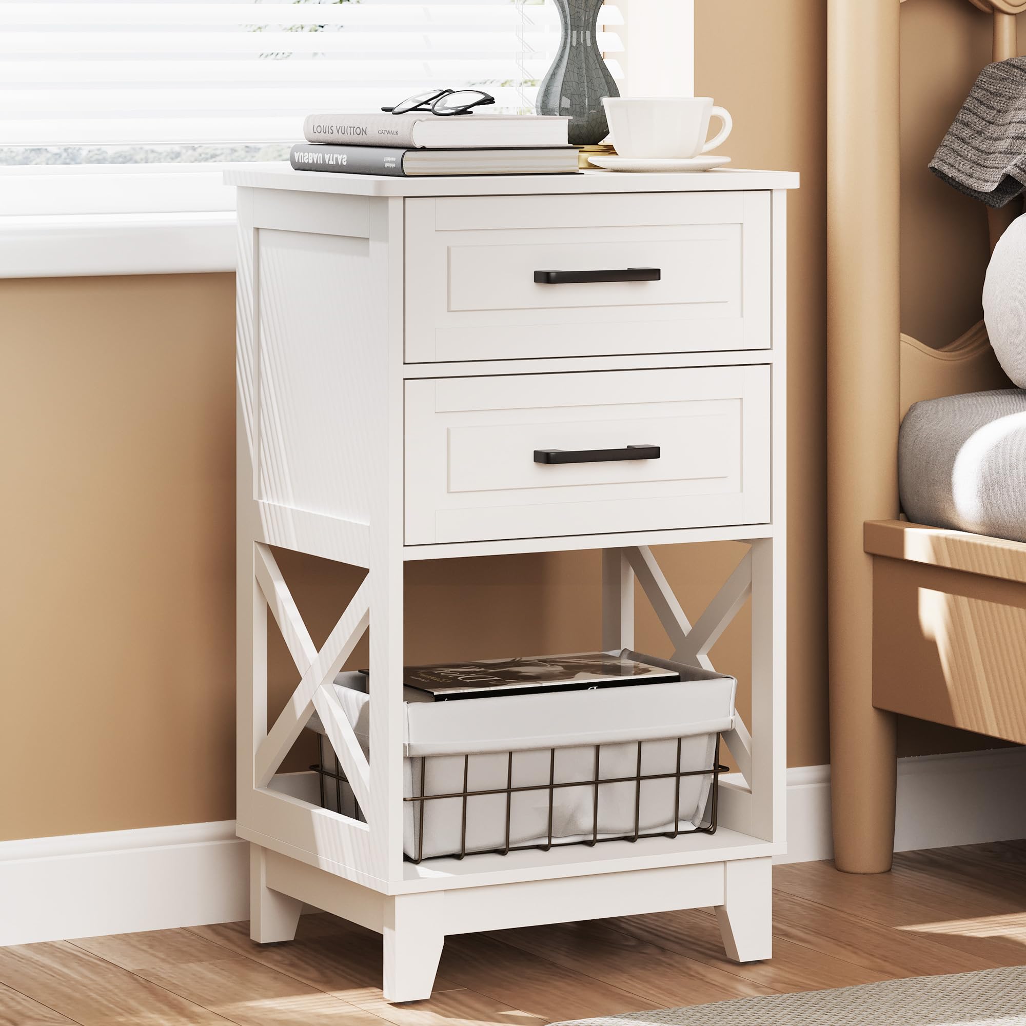 RoyalCraft White Modern Nightstand - Tall Bedside Table with 2 Drawers & Open Shelf, Solid Wood Feet - Perfect for Bedroom, Home Office & Small Space Living (White)