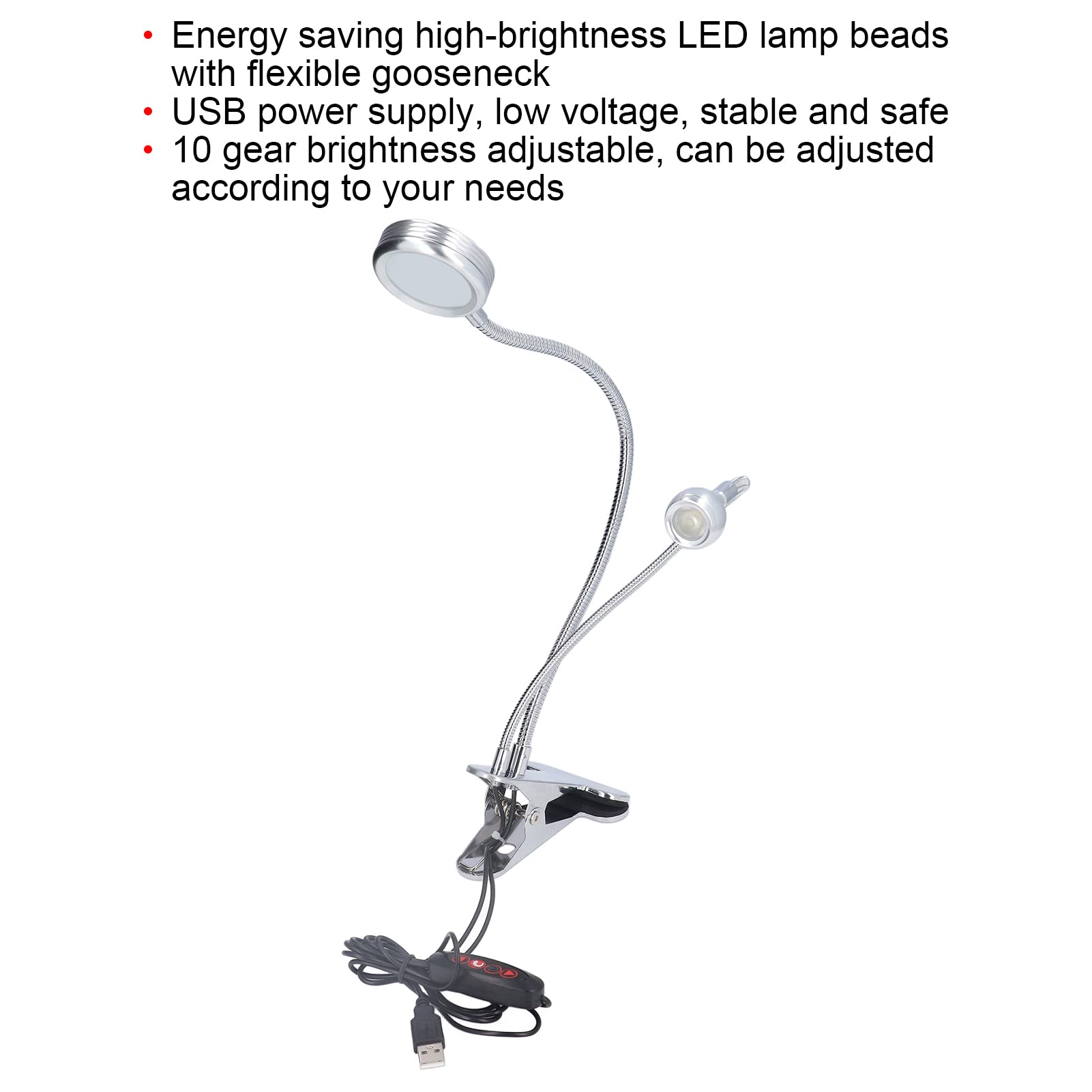 Zerodis Clip On Desk Lamp - Dimmable LED Reading Light with Flexible Gooseneck, USB Powered Night Light for Bed, Study, Office, Computer Work (Black) | Perfect for Reading, Studying, Working & Nighttime Use