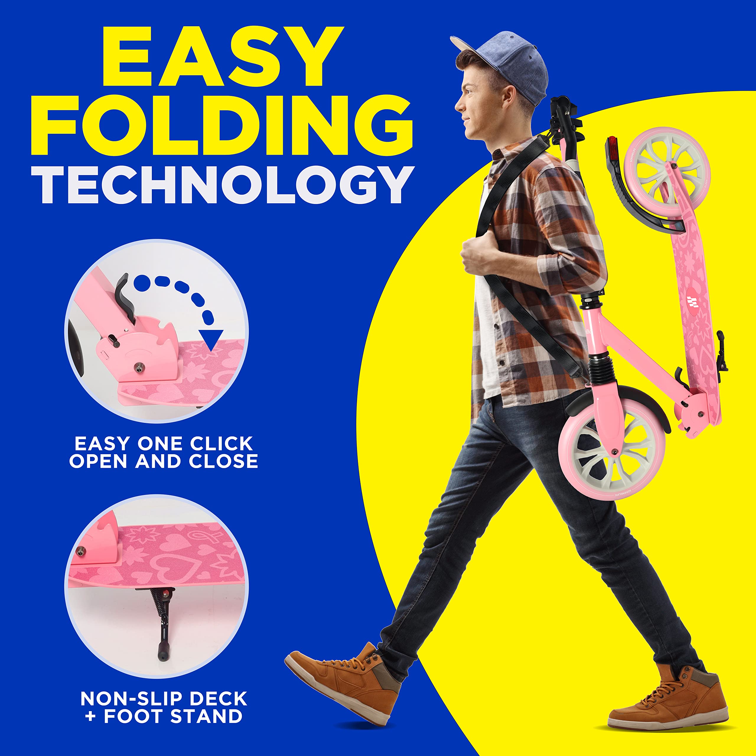 SereneLife Adjustable Kick Scooter for Adults, Teens & Kids - 2-Wheel Folding Scooter with Anti-Slip Alloy Deck & T-Bar Handlebar - Portable Design with Carrying Strap - Perfect for Commuting, School, Park Rides & Outdoor Fun
