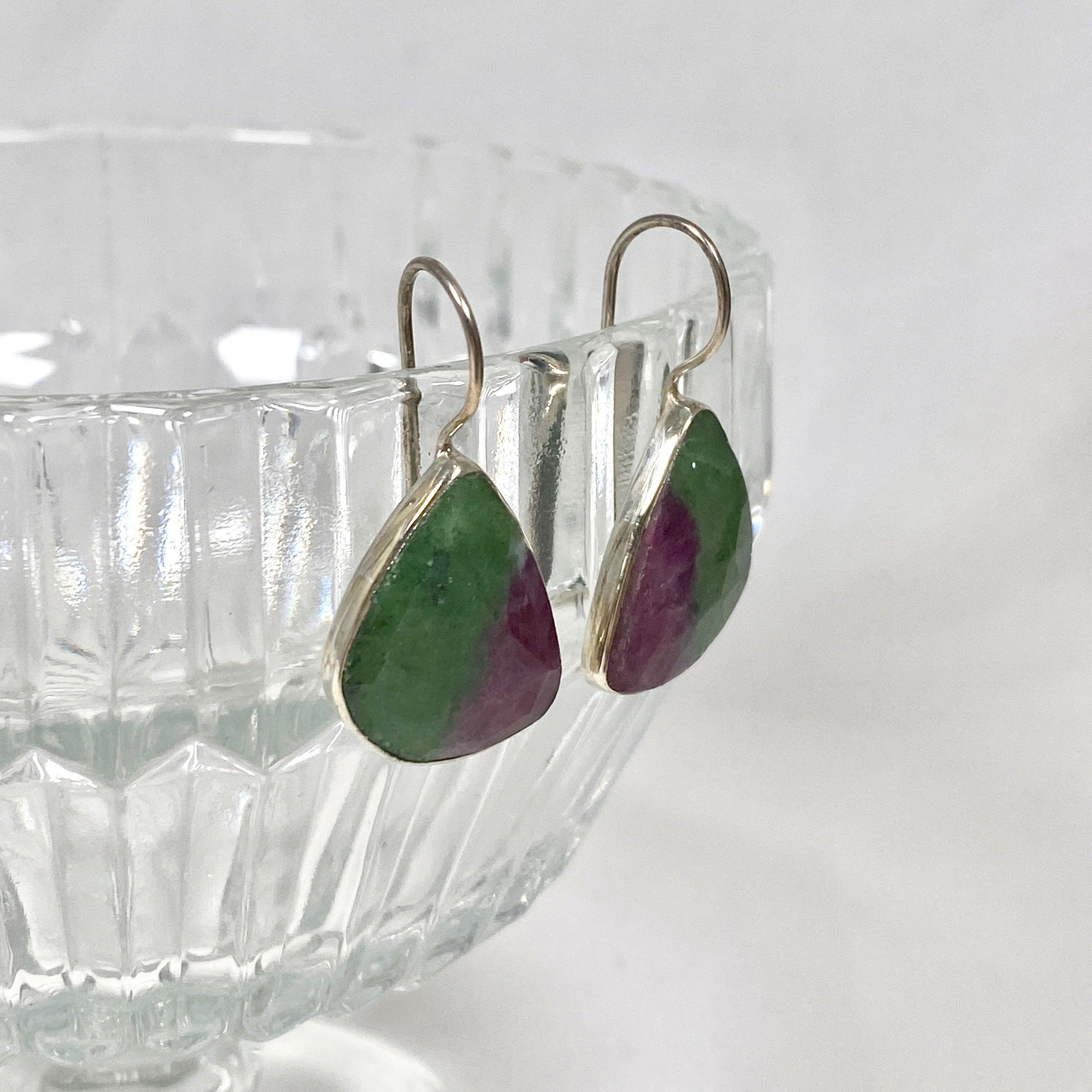 Ruby in Zoisite Faceted Teardrop Earrings with Fixed Hook - Elegant Handmade Jewelry for Women, Perfect for Parties, Weddings & Special Occasions - KEGJ1117