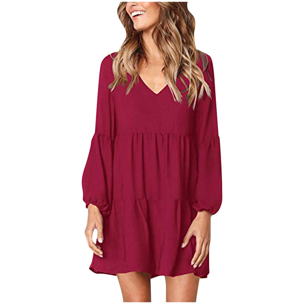 Anjikang Women's Flowy V-Neck Tunic Dress - Cute Wedding Guest Dress for Fall 2022, Plus Size Casual Short Dress to Hide Belly - Perfect for Bridal Showers, Cocktail Parties & Autumn Events