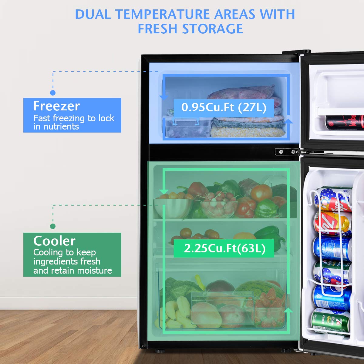 COSTWAY 3.2 cu ft Compact Refrigerator with Freezer | 2-Door Mini Fridge with Reversible Door, Removable Glass Shelves & Mechanical Control | Perfect for Dorm, Office, Apartment, RV & Small Spaces (Black)